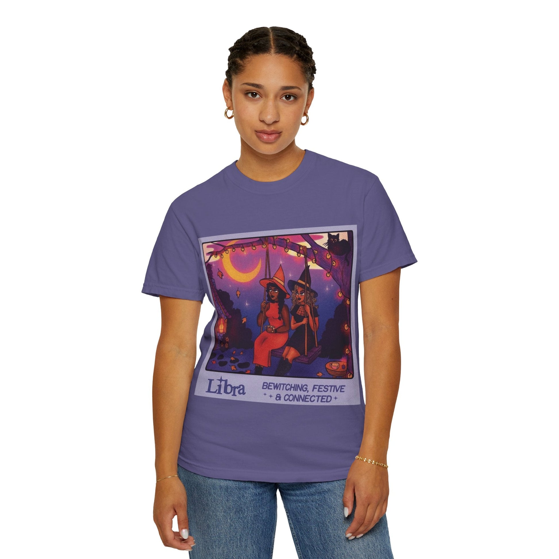Spooky Vibes Only – Halloween Graphic Tee" Bewitching Libra T-Shirt - Festive and Connected - Unisex Garment - Dyed Tee for Astrology Lovers, Halloween, Birthdays, Gifts, Casual Wear - Metamorphosis Creations