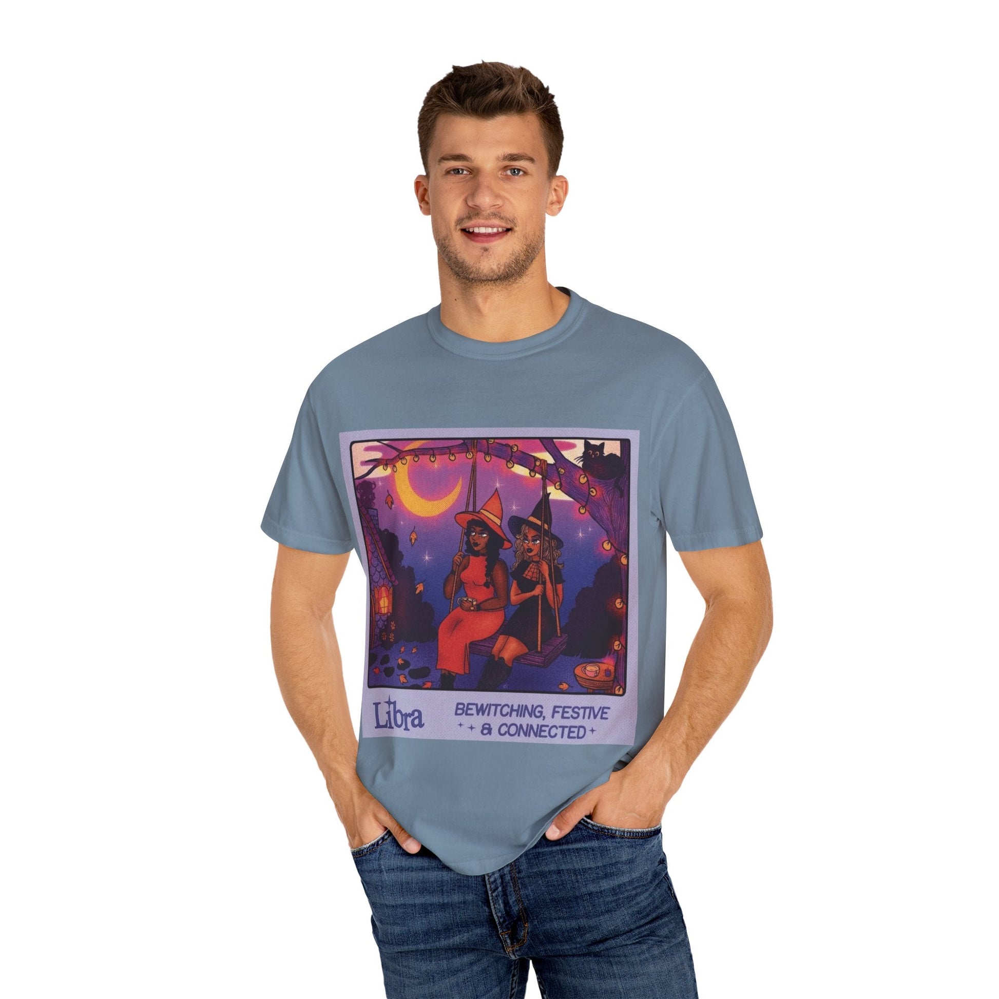 Spooky Vibes Only – Halloween Graphic Tee" Bewitching Libra T-Shirt - Festive and Connected - Unisex Garment - Dyed Tee for Astrology Lovers, Halloween, Birthdays, Gifts, Casual Wear - Metamorphosis Creations