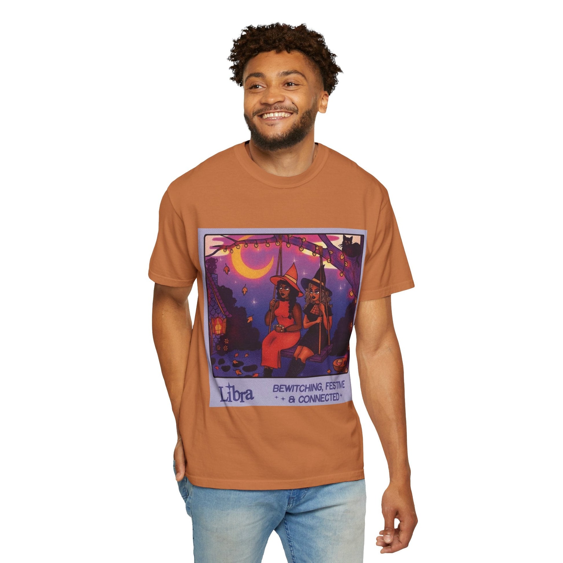Spooky Vibes Only – Halloween Graphic Tee" Bewitching Libra T-Shirt - Festive and Connected - Unisex Garment - Dyed Tee for Astrology Lovers, Halloween, Birthdays, Gifts, Casual Wear - Metamorphosis Creations