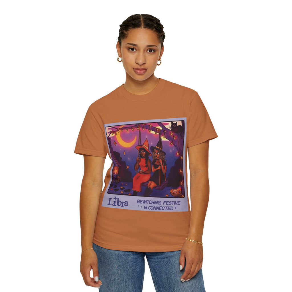 Spooky Vibes Only – Halloween Graphic Tee" Bewitching Libra T-Shirt - Festive and Connected - Unisex Garment - Dyed Tee for Astrology Lovers, Halloween, Birthdays, Gifts, Casual Wear - Metamorphosis Creations