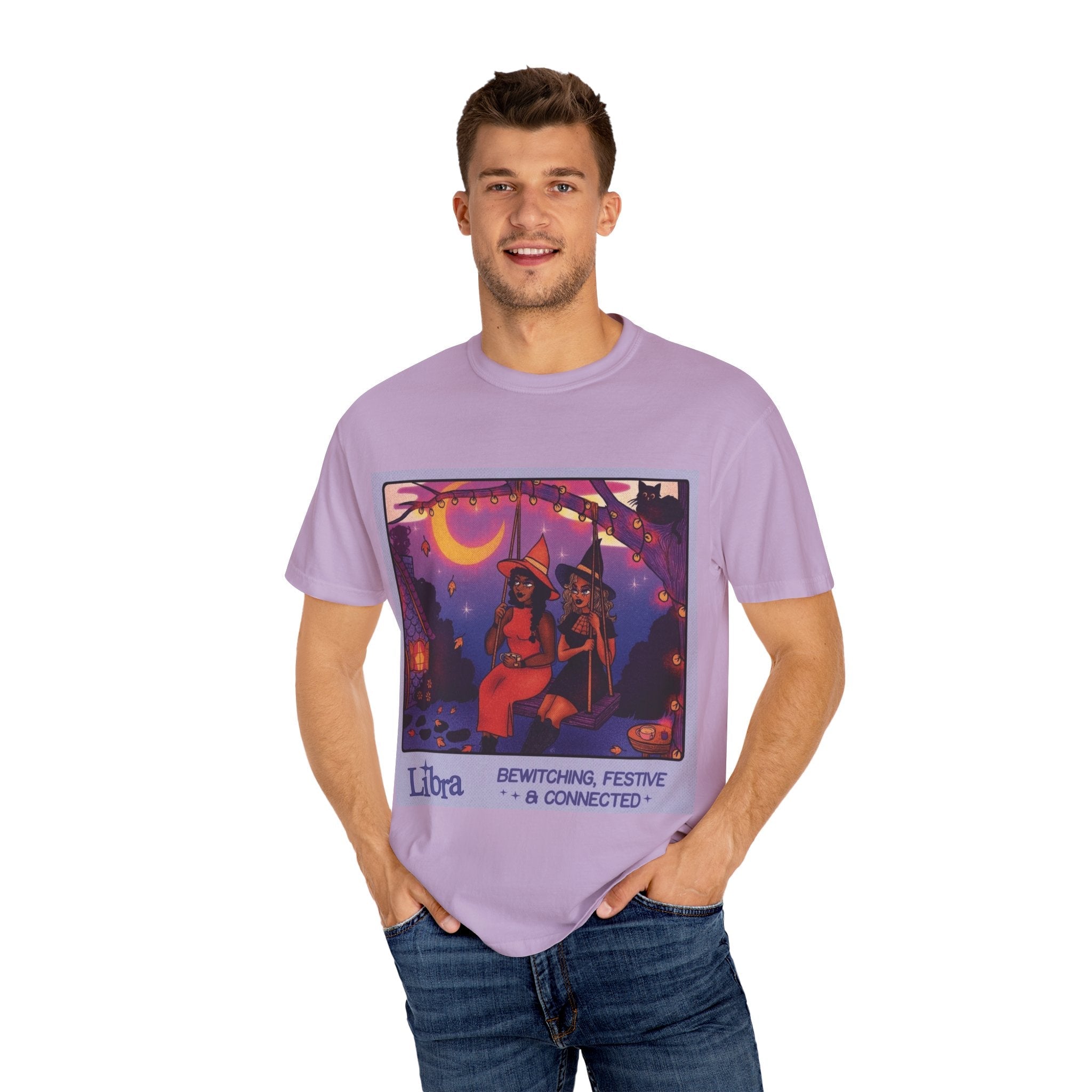 Spooky Vibes Only – Halloween Graphic Tee" Bewitching Libra T-Shirt - Festive and Connected - Unisex Garment - Dyed Tee for Astrology Lovers, Halloween, Birthdays, Gifts, Casual Wear - Metamorphosis Creations