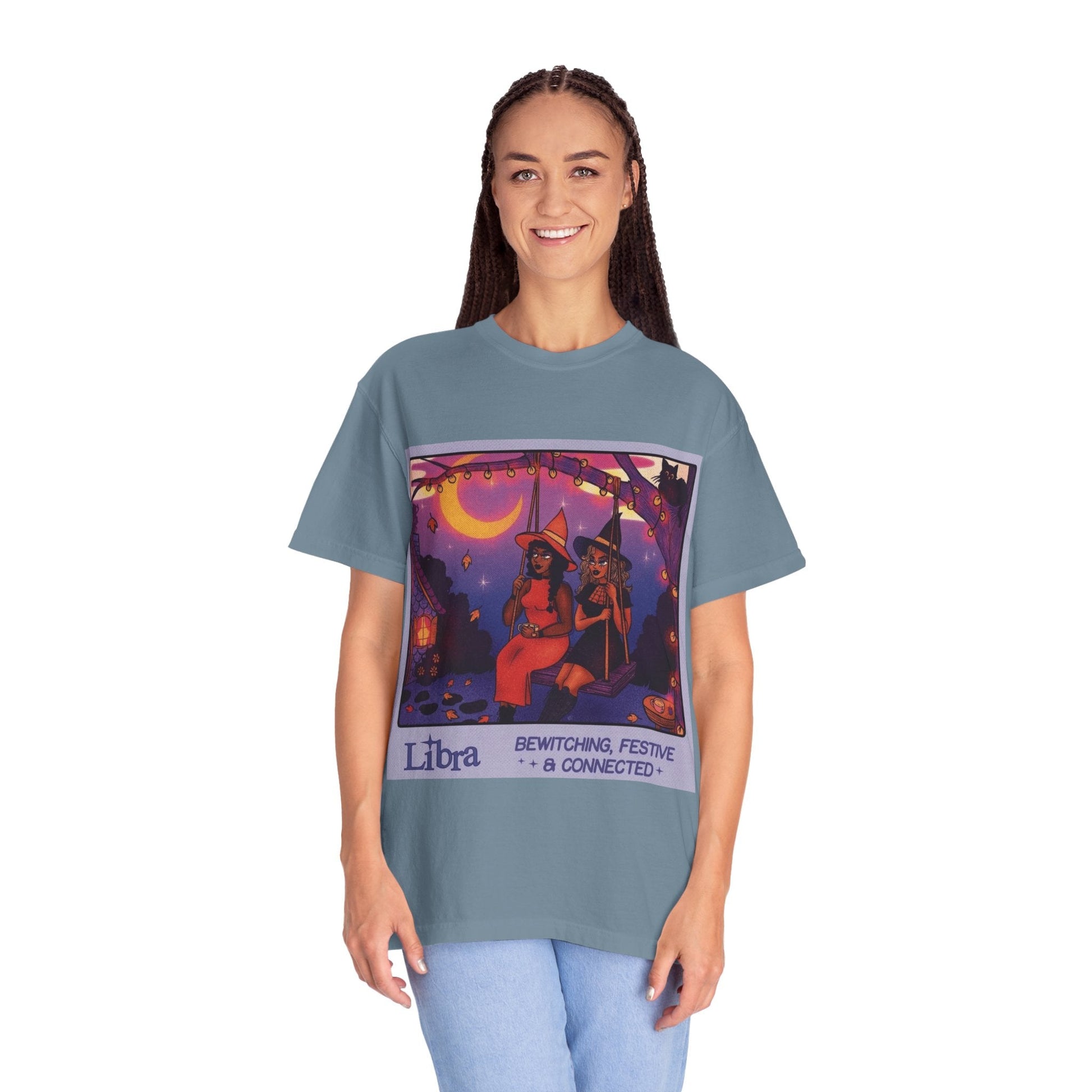 Spooky Vibes Only – Halloween Graphic Tee" Bewitching Libra T-Shirt - Festive and Connected - Unisex Garment - Dyed Tee for Astrology Lovers, Halloween, Birthdays, Gifts, Casual Wear - Metamorphosis Creations