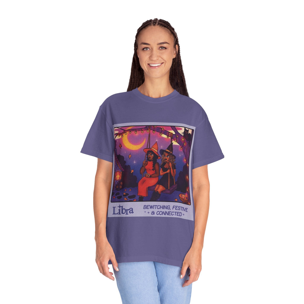 Spooky Vibes Only – Halloween Graphic Tee" Bewitching Libra T-Shirt - Festive and Connected - Unisex Garment - Dyed Tee for Astrology Lovers, Halloween, Birthdays, Gifts, Casual Wear - Metamorphosis Creations
