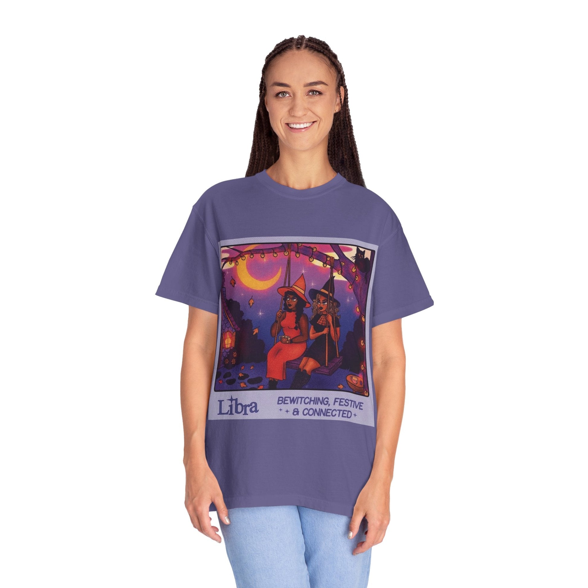Spooky Vibes Only – Halloween Graphic Tee" Bewitching Libra T-Shirt - Festive and Connected - Unisex Garment - Dyed Tee for Astrology Lovers, Halloween, Birthdays, Gifts, Casual Wear - Metamorphosis Creations