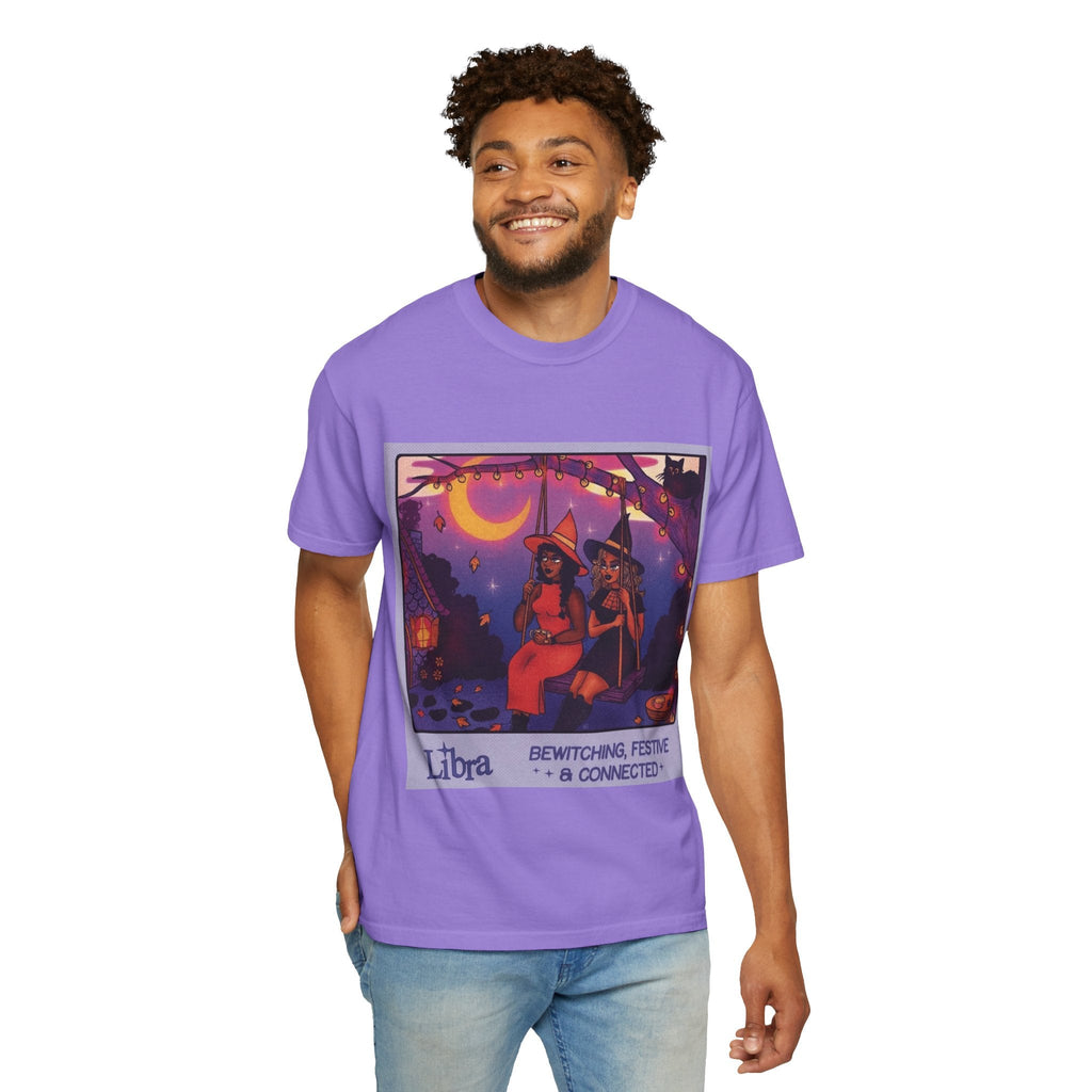 Spooky Vibes Only – Halloween Graphic Tee" Bewitching Libra T-Shirt - Festive and Connected - Unisex Garment - Dyed Tee for Astrology Lovers, Halloween, Birthdays, Gifts, Casual Wear - Metamorphosis Creations