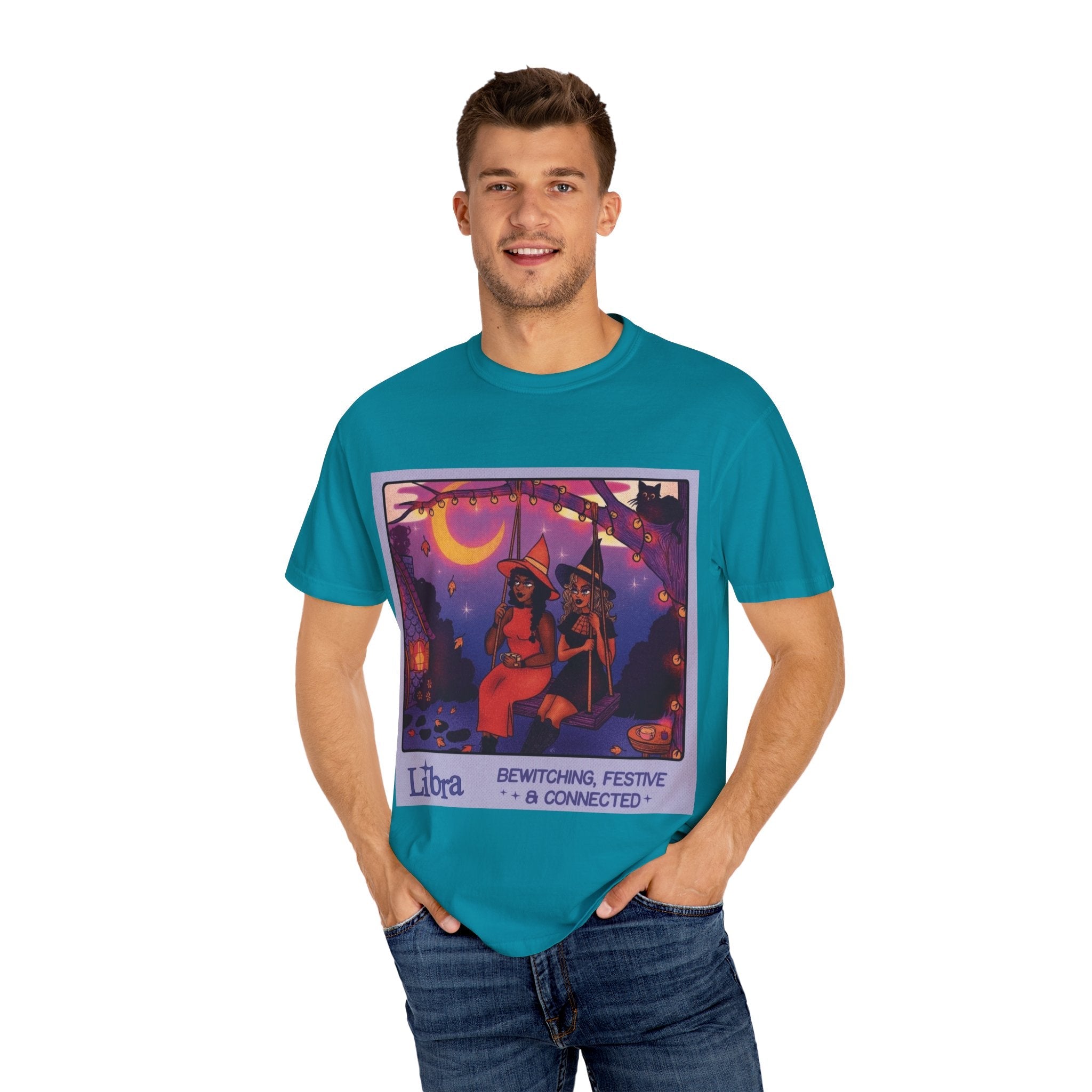 Spooky Vibes Only – Halloween Graphic Tee" Bewitching Libra T-Shirt - Festive and Connected - Unisex Garment - Dyed Tee for Astrology Lovers, Halloween, Birthdays, Gifts, Casual Wear - Metamorphosis Creations