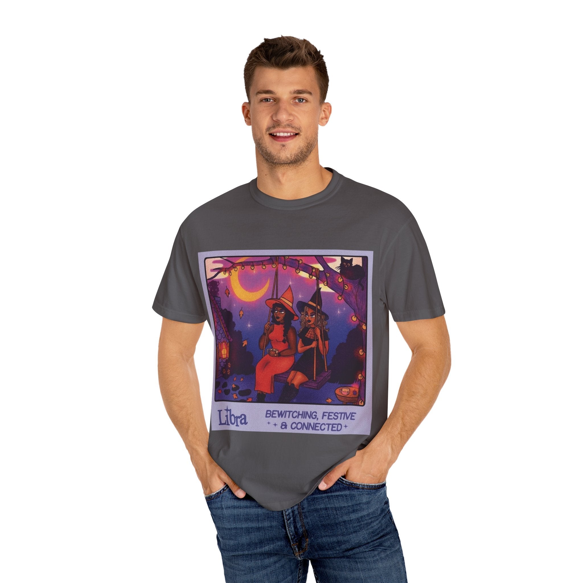 Spooky Vibes Only – Halloween Graphic Tee" Bewitching Libra T-Shirt - Festive and Connected - Unisex Garment - Dyed Tee for Astrology Lovers, Halloween, Birthdays, Gifts, Casual Wear - Metamorphosis Creations