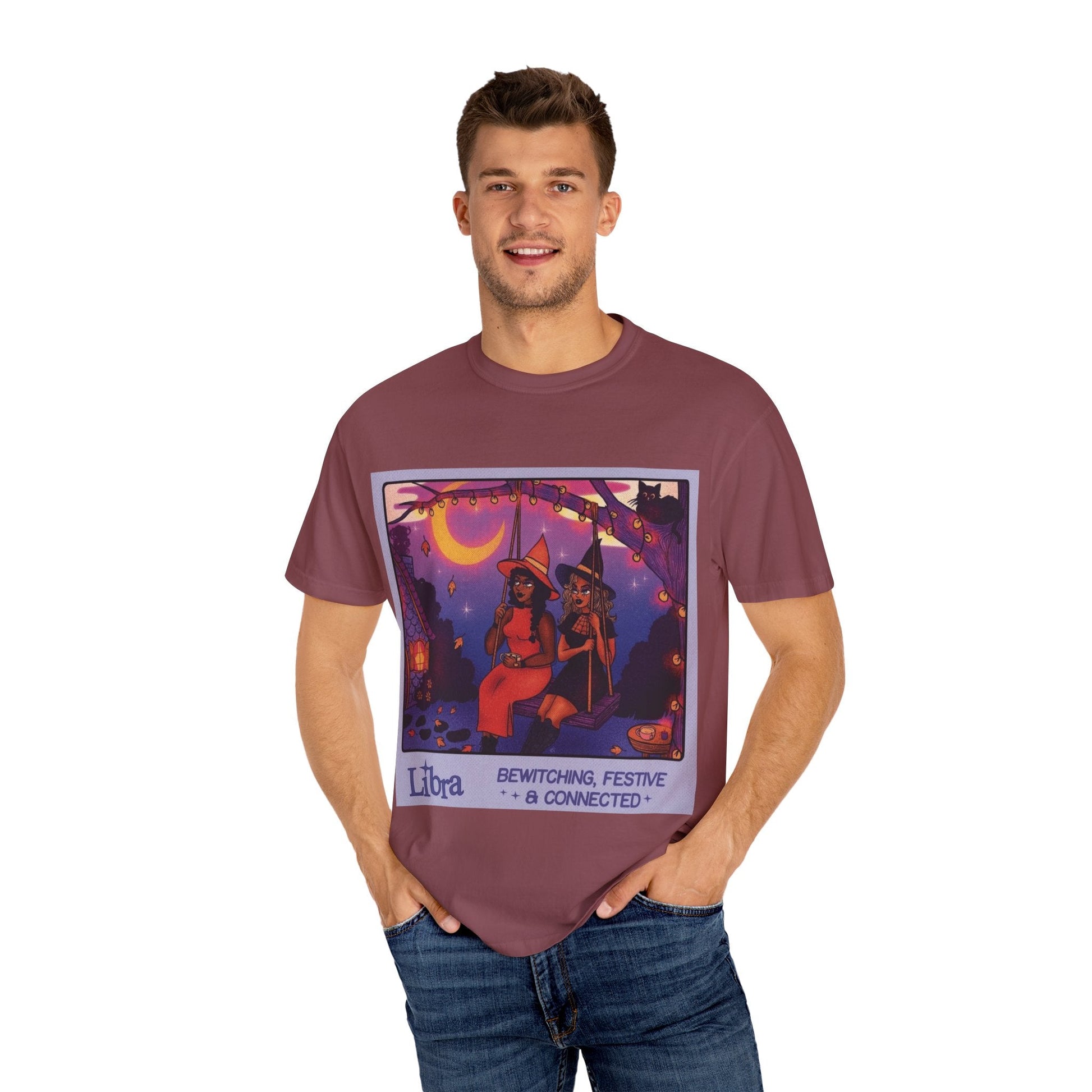 Spooky Vibes Only – Halloween Graphic Tee" Bewitching Libra T-Shirt - Festive and Connected - Unisex Garment - Dyed Tee for Astrology Lovers, Halloween, Birthdays, Gifts, Casual Wear - Metamorphosis Creations