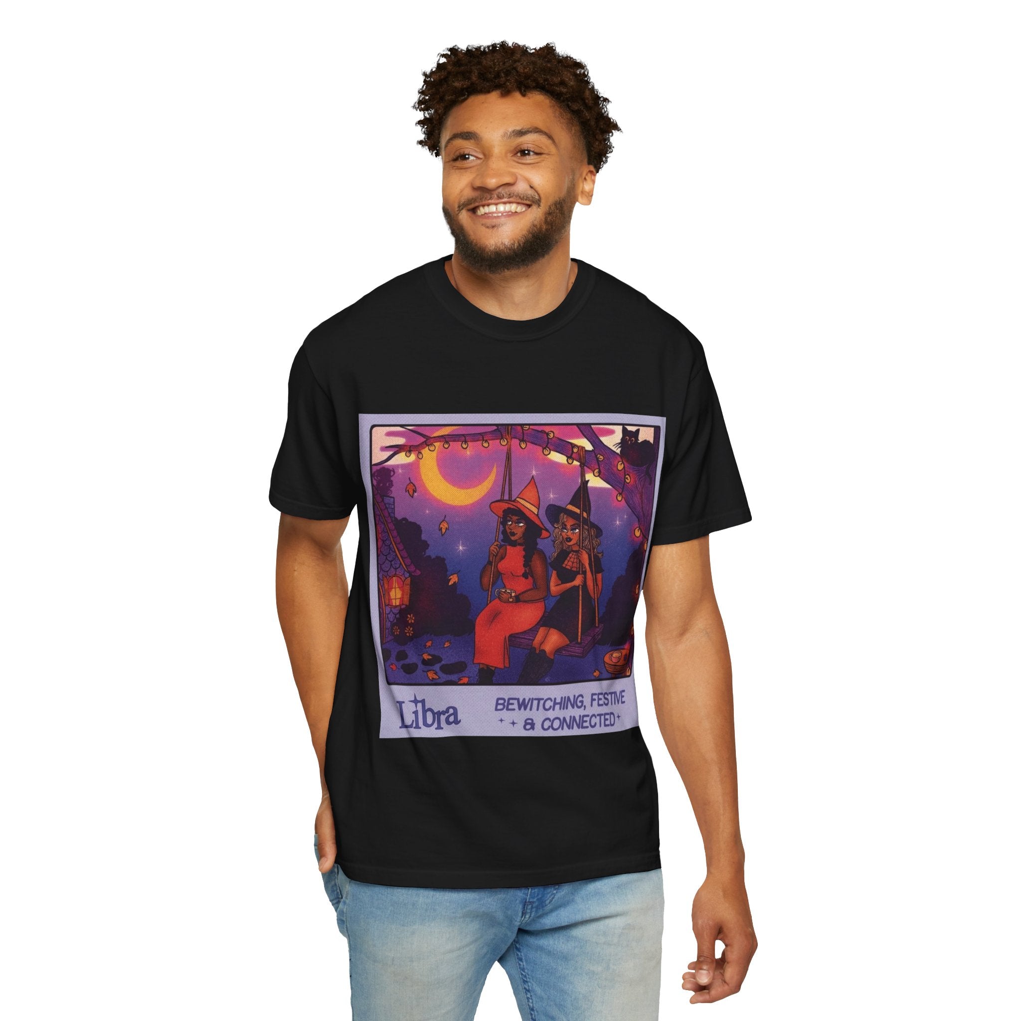 Spooky Vibes Only – Halloween Graphic Tee" Bewitching Libra T-Shirt - Festive and Connected - Unisex Garment - Dyed Tee for Astrology Lovers, Halloween, Birthdays, Gifts, Casual Wear - Metamorphosis Creations