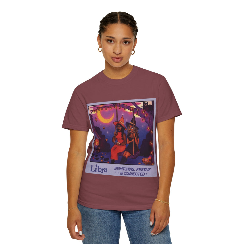 Spooky Vibes Only – Halloween Graphic Tee" Bewitching Libra T-Shirt - Festive and Connected - Unisex Garment - Dyed Tee for Astrology Lovers, Halloween, Birthdays, Gifts, Casual Wear - Metamorphosis Creations