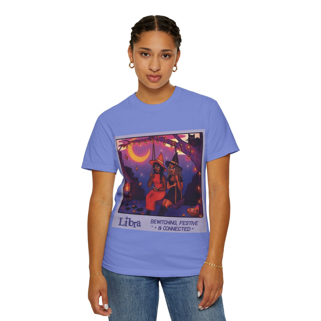 Spooky Vibes Only – Halloween Graphic Tee" Bewitching Libra T-Shirt - Festive and Connected - Unisex Garment - Dyed Tee for Astrology Lovers, Halloween, Birthdays, Gifts, Casual Wear - Metamorphosis Creations