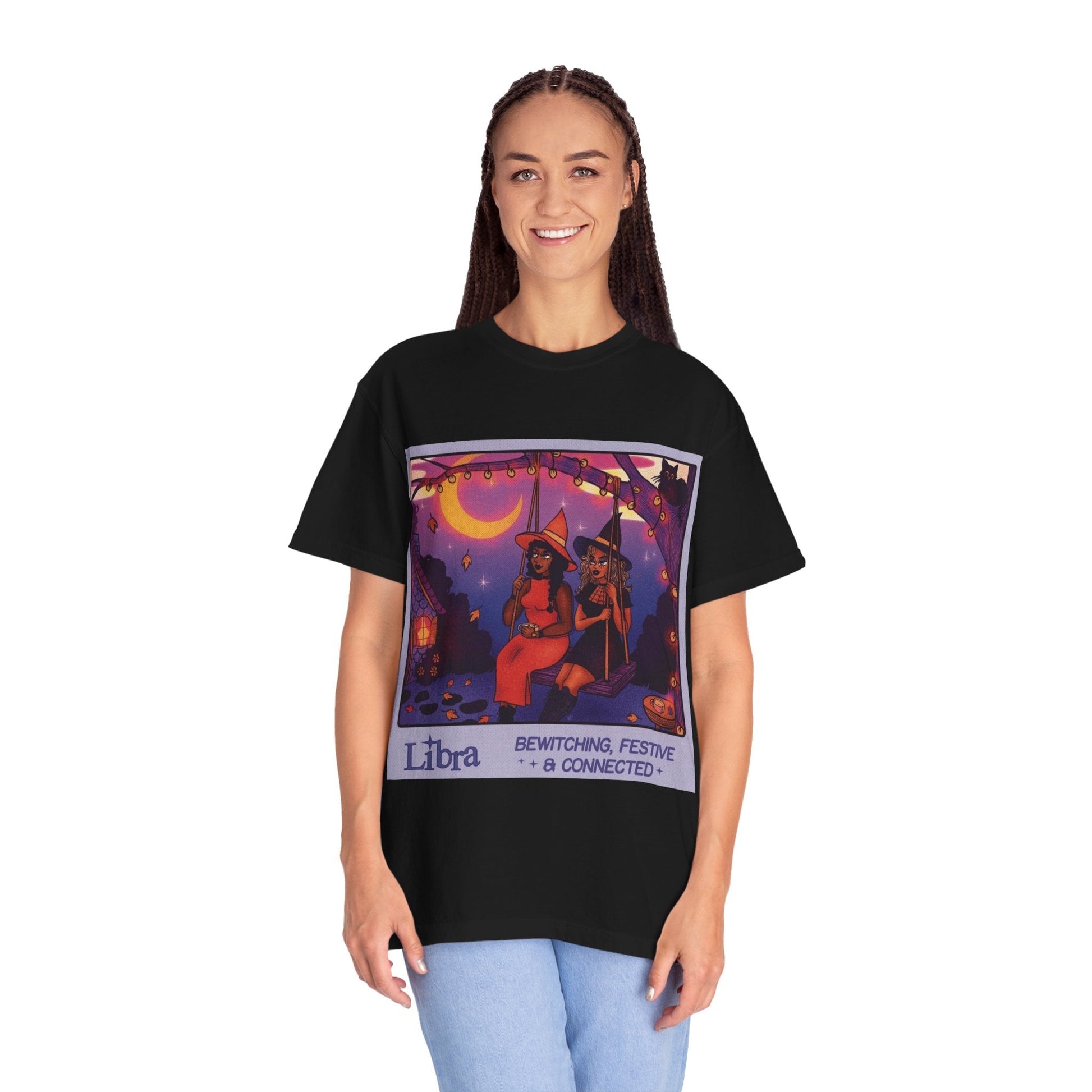 Spooky Vibes Only – Halloween Graphic Tee" Bewitching Libra T-Shirt - Festive and Connected - Unisex Garment - Dyed Tee for Astrology Lovers, Halloween, Birthdays, Gifts, Casual Wear - Metamorphosis Creations