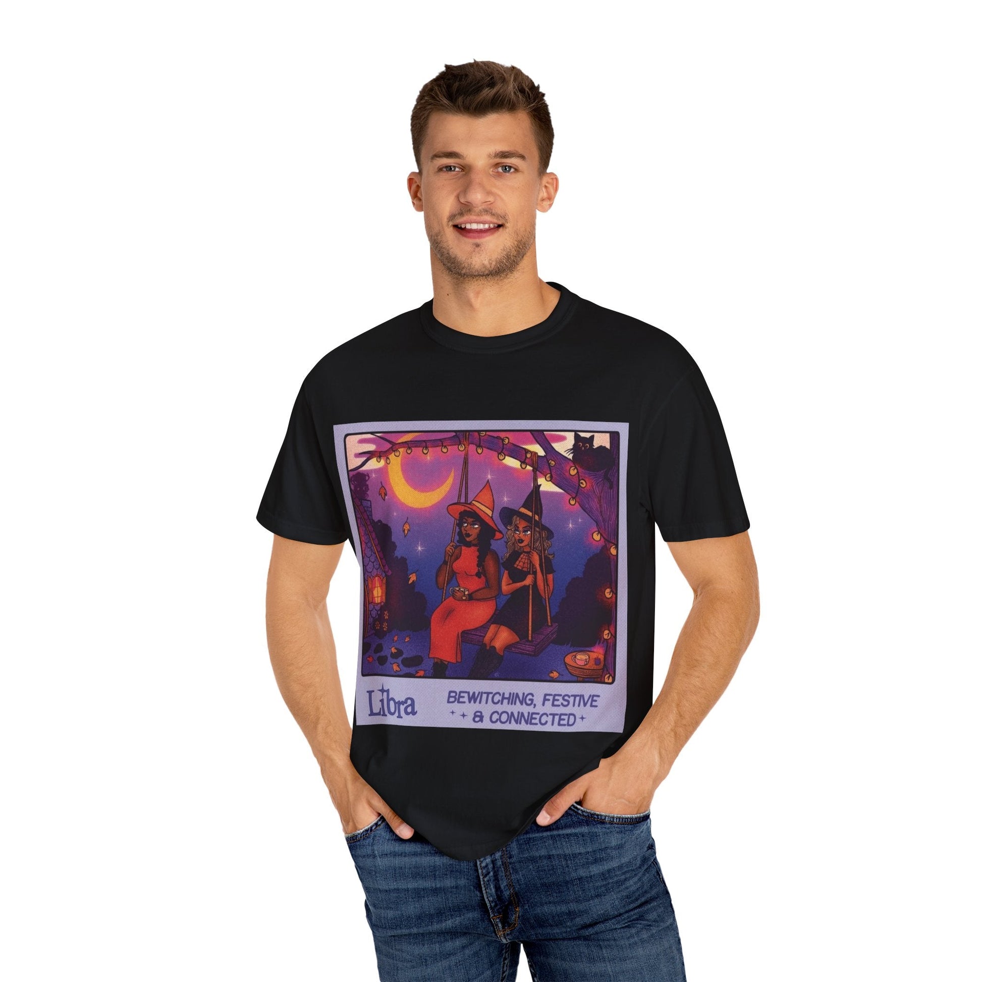 Spooky Vibes Only – Halloween Graphic Tee" Bewitching Libra T-Shirt - Festive and Connected - Unisex Garment - Dyed Tee for Astrology Lovers, Halloween, Birthdays, Gifts, Casual Wear - Metamorphosis Creations