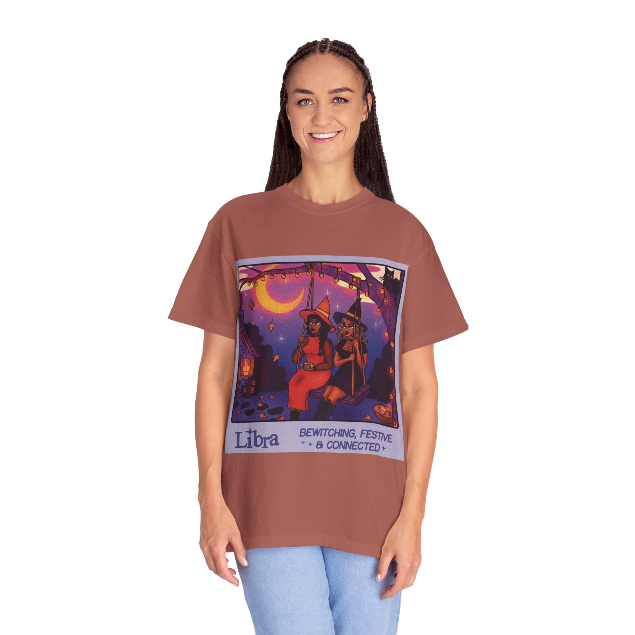 Spooky Vibes Only – Halloween Graphic Tee" Bewitching Libra T-Shirt - Festive and Connected - Unisex Garment - Dyed Tee for Astrology Lovers, Halloween, Birthdays, Gifts, Casual Wear - Metamorphosis Creations