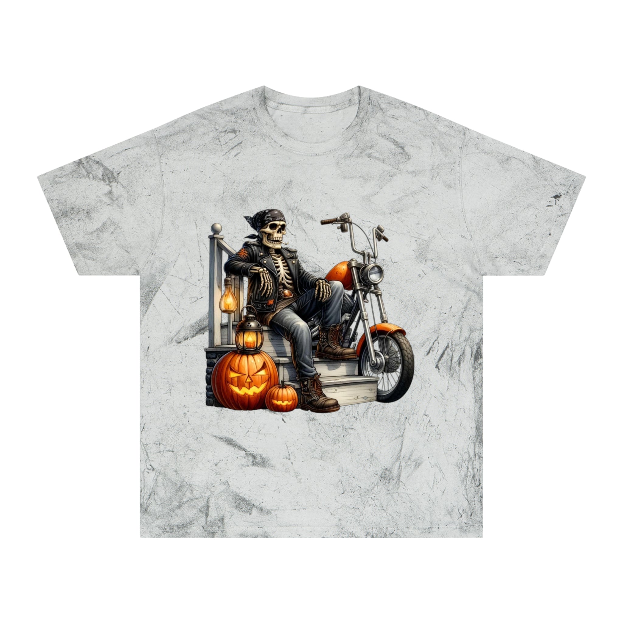Spooky Vibes Only – Halloween Graphic Tee Colorful Skeleton Motorcycle T-Shirt | Halloween Apparel, Unisex Graphic Tee, Vintage Style, Festival Wear, Unique Gift Idea - Metamorphosis Creations