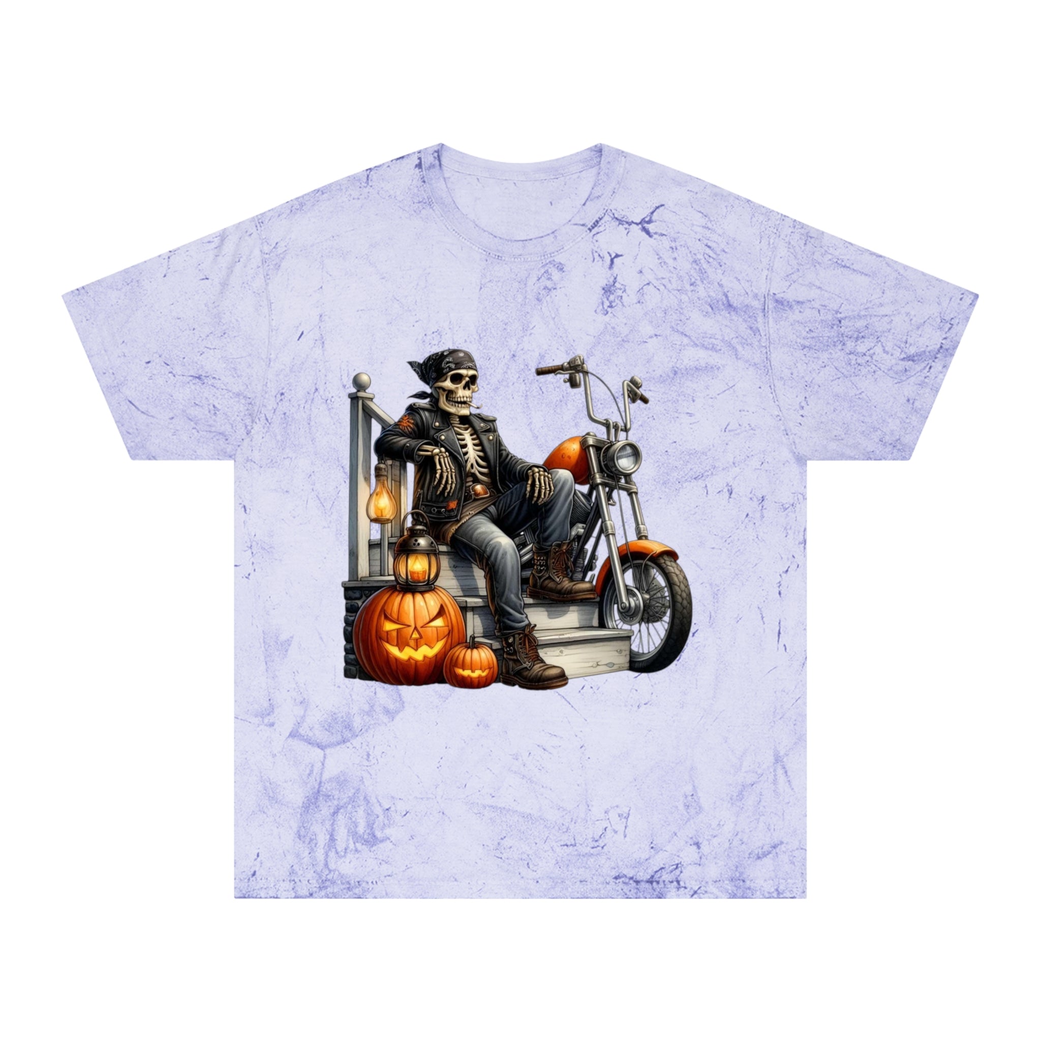 Spooky Vibes Only – Halloween Graphic Tee Colorful Skeleton Motorcycle T-Shirt | Halloween Apparel, Unisex Graphic Tee, Vintage Style, Festival Wear, Unique Gift Idea - Metamorphosis Creations
