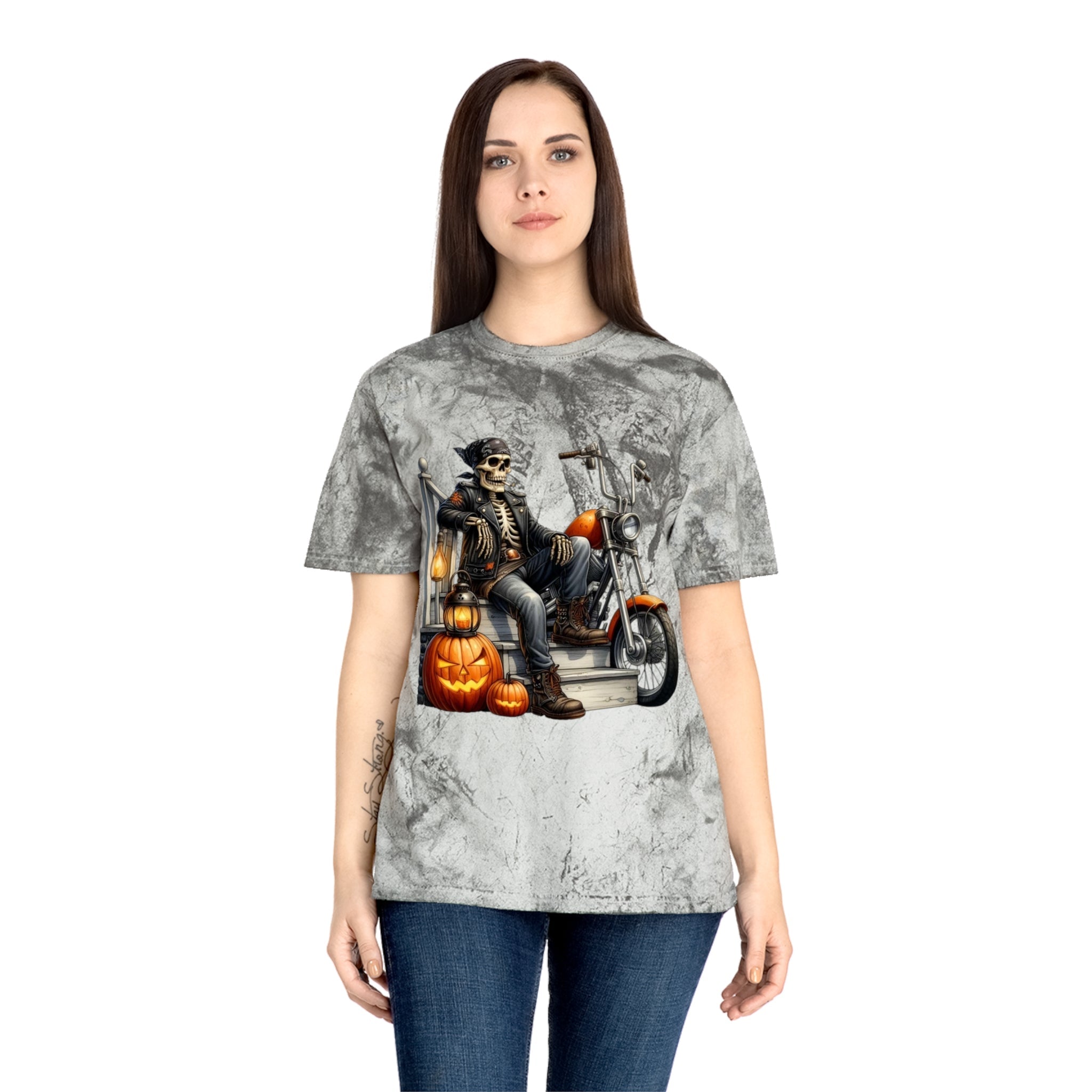 Spooky Vibes Only – Halloween Graphic Tee Colorful Skeleton Motorcycle T-Shirt | Halloween Apparel, Unisex Graphic Tee, Vintage Style, Festival Wear, Unique Gift Idea - Metamorphosis Creations