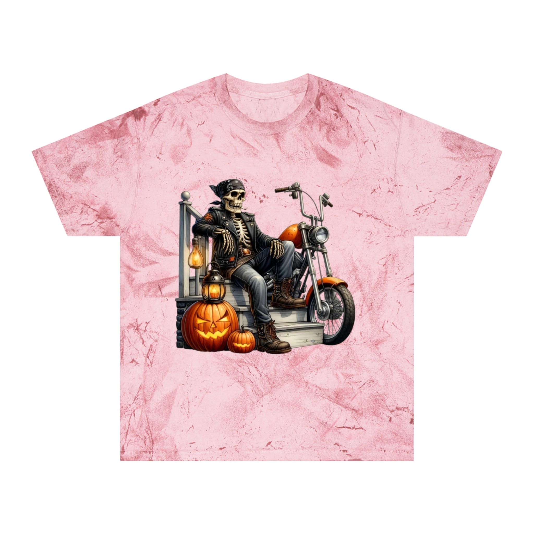 Spooky Vibes Only – Halloween Graphic Tee Colorful Skeleton Motorcycle T-Shirt | Halloween Apparel, Unisex Graphic Tee, Vintage Style, Festival Wear, Unique Gift Idea - Metamorphosis Creations