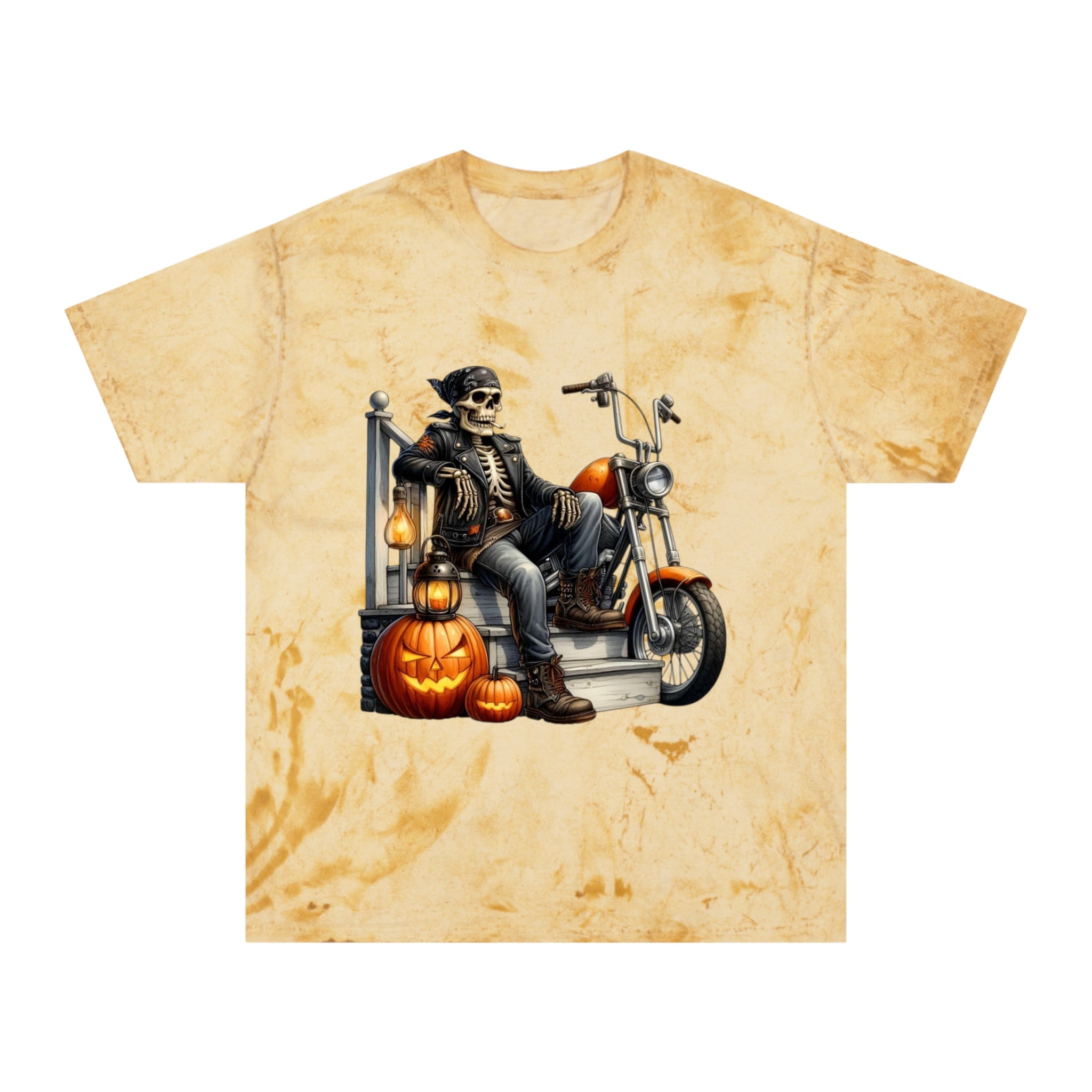 Spooky Vibes Only – Halloween Graphic Tee Colorful Skeleton Motorcycle T-Shirt | Halloween Apparel, Unisex Graphic Tee, Vintage Style, Festival Wear, Unique Gift Idea - Metamorphosis Creations