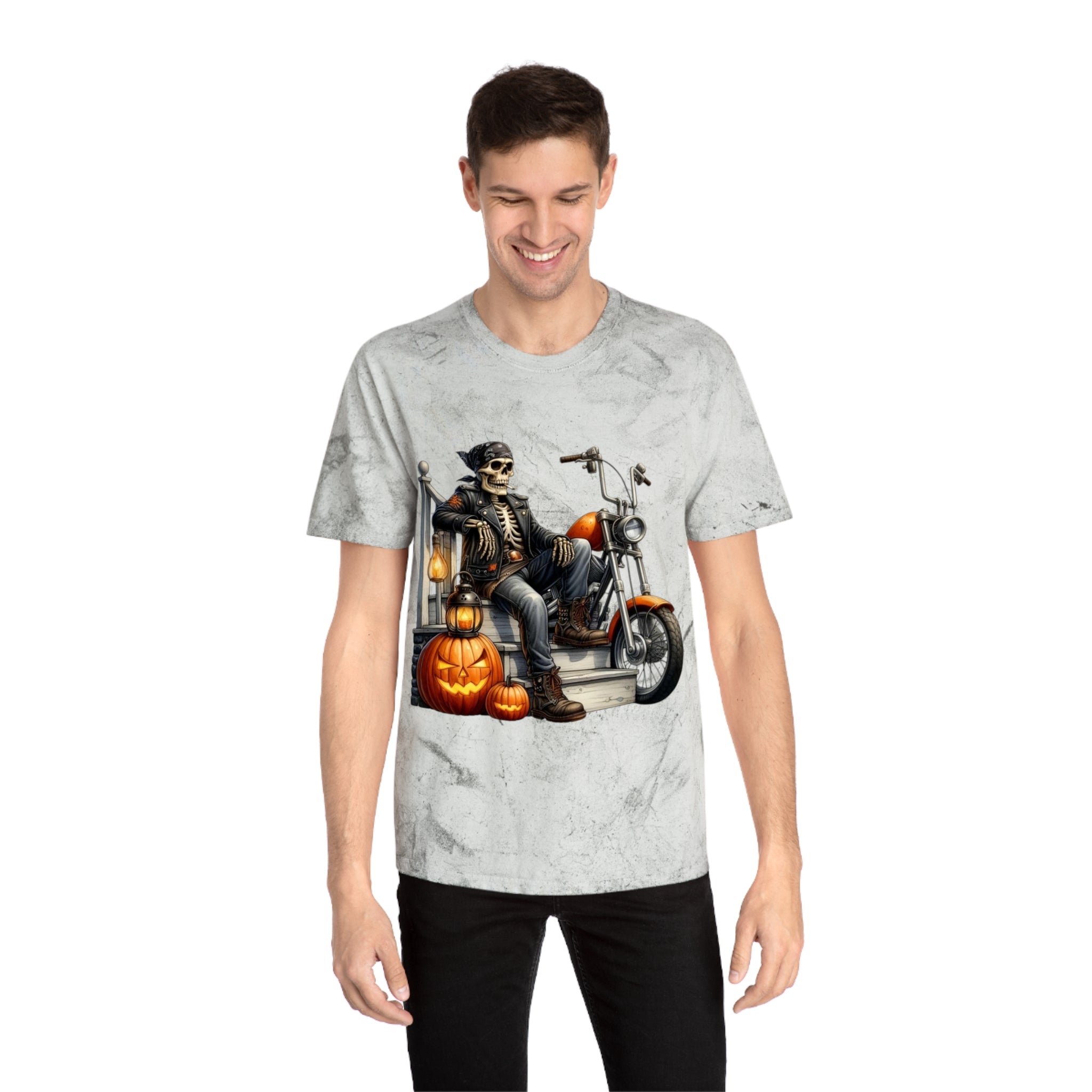 Spooky Vibes Only – Halloween Graphic Tee Colorful Skeleton Motorcycle T-Shirt | Halloween Apparel, Unisex Graphic Tee, Vintage Style, Festival Wear, Unique Gift Idea - Metamorphosis Creations