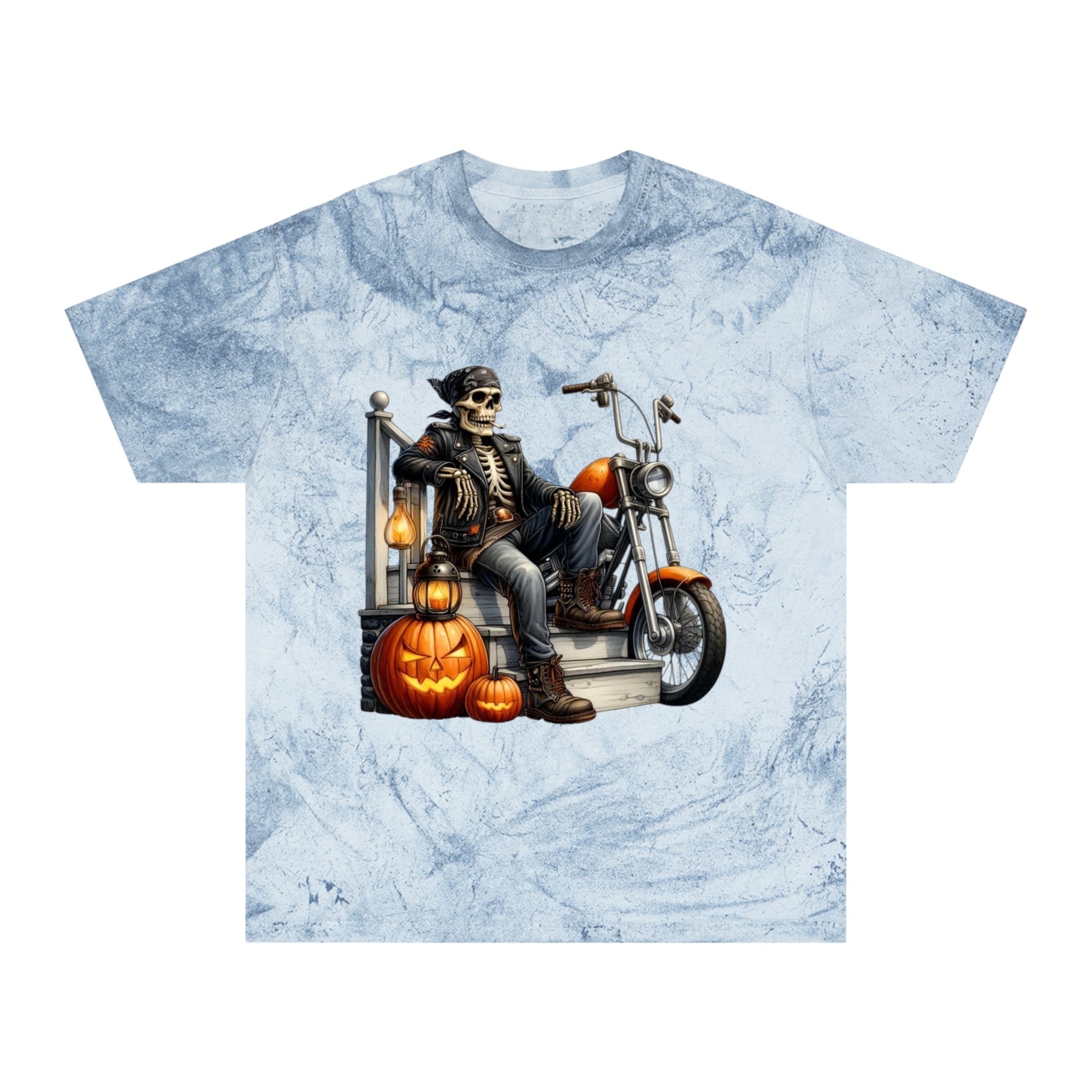 Spooky Vibes Only – Halloween Graphic Tee Colorful Skeleton Motorcycle T-Shirt | Halloween Apparel, Unisex Graphic Tee, Vintage Style, Festival Wear, Unique Gift Idea - Metamorphosis Creations