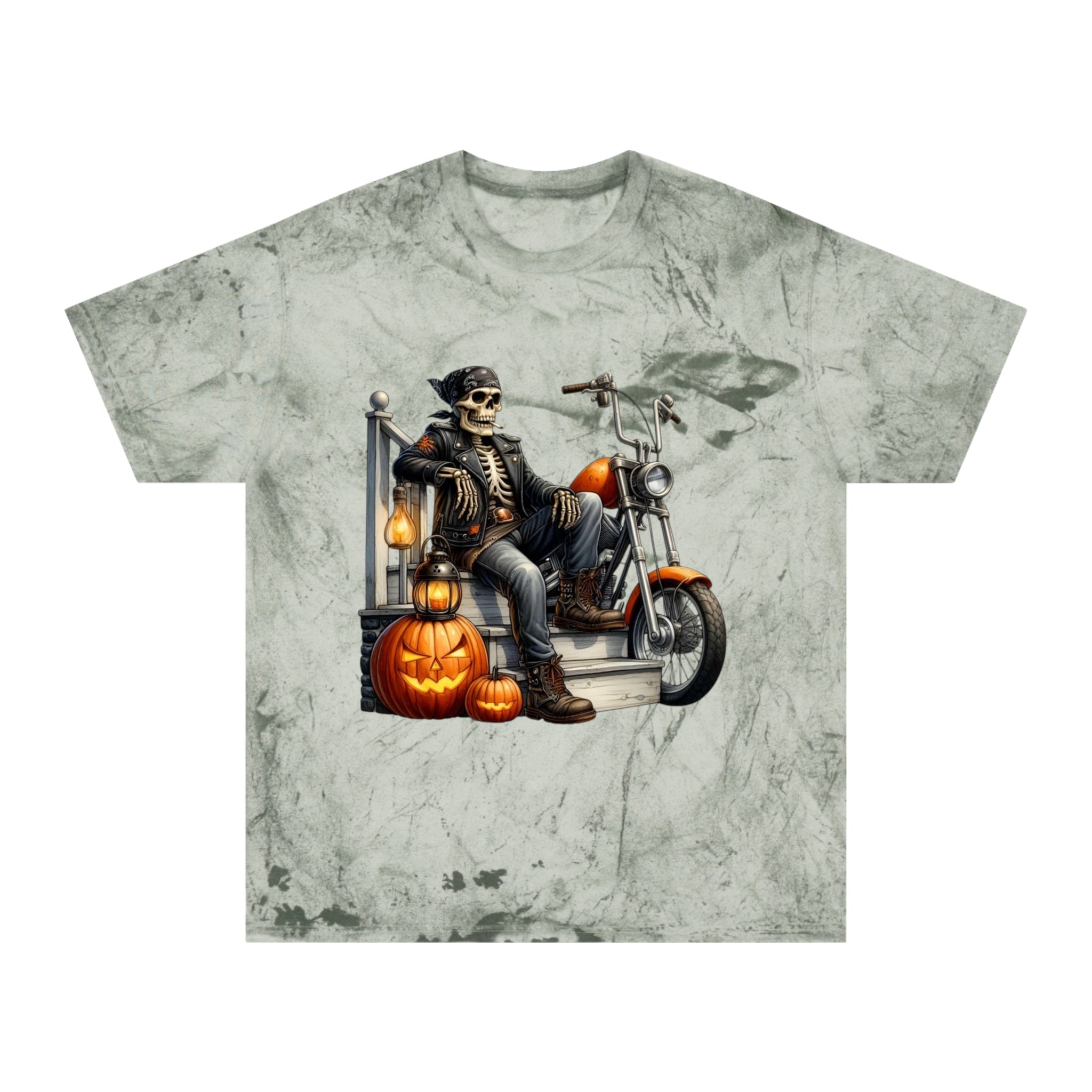 Spooky Vibes Only – Halloween Graphic Tee Colorful Skeleton Motorcycle T-Shirt | Halloween Apparel, Unisex Graphic Tee, Vintage Style, Festival Wear, Unique Gift Idea - Metamorphosis Creations