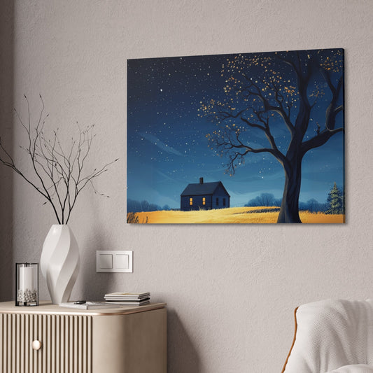Starry Night Canvas Wall Art, Cozy Home Decor, Night Sky Illustration, Modern Wall Hanging, Bedroom or Living Room Art - Metamorphosis Creations