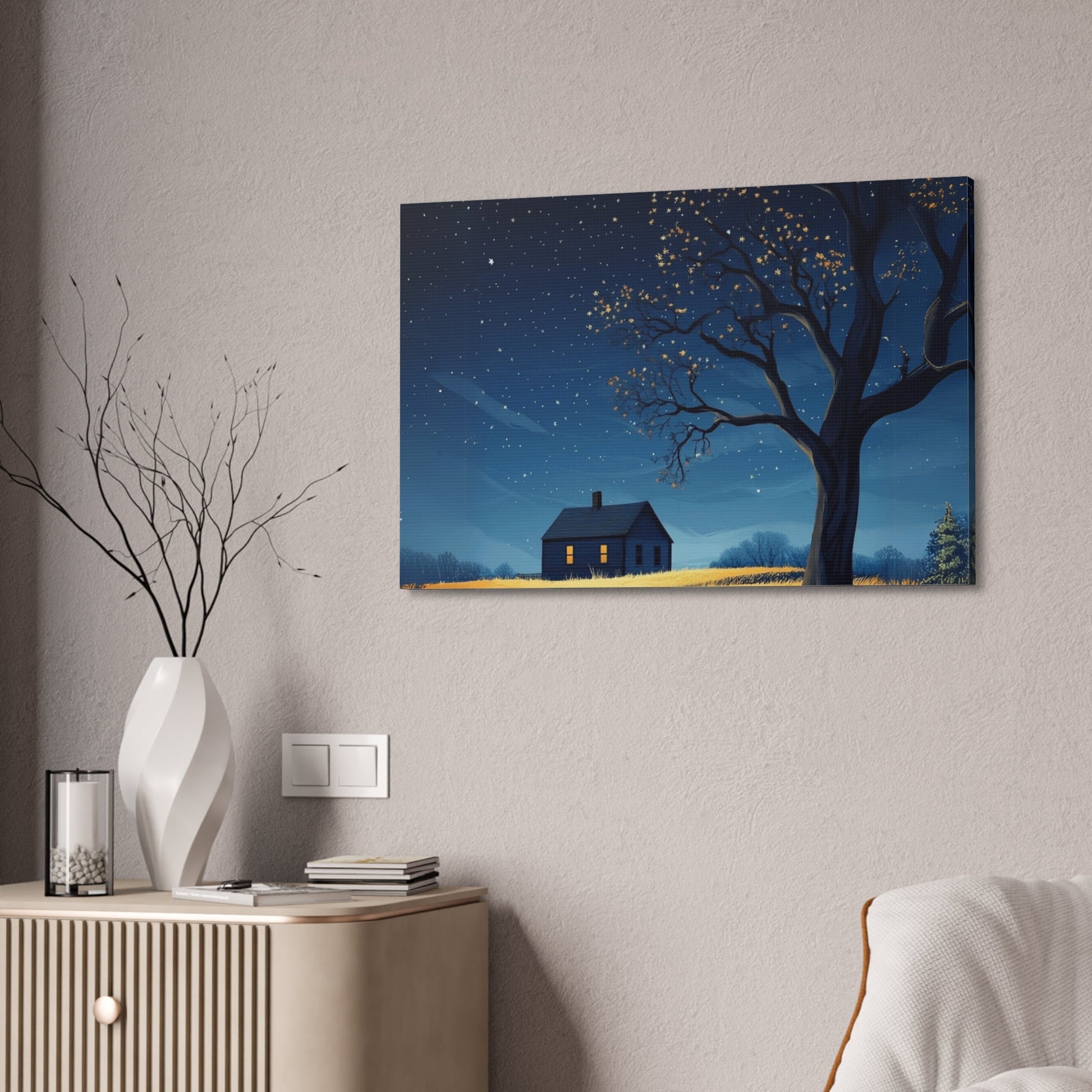 Starry Night Canvas Wall Art, Cozy Home Decor, Night Sky Illustration, Modern Wall Hanging, Bedroom or Living Room Art - Metamorphosis Creations