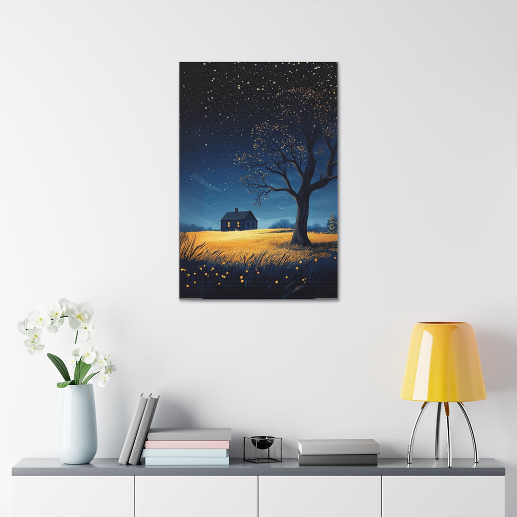 Starry Night Canvas Wall Art, Cozy Home Decor, Night Sky Illustration, Modern Wall Hanging, Bedroom or Living Room Art - Metamorphosis Creations