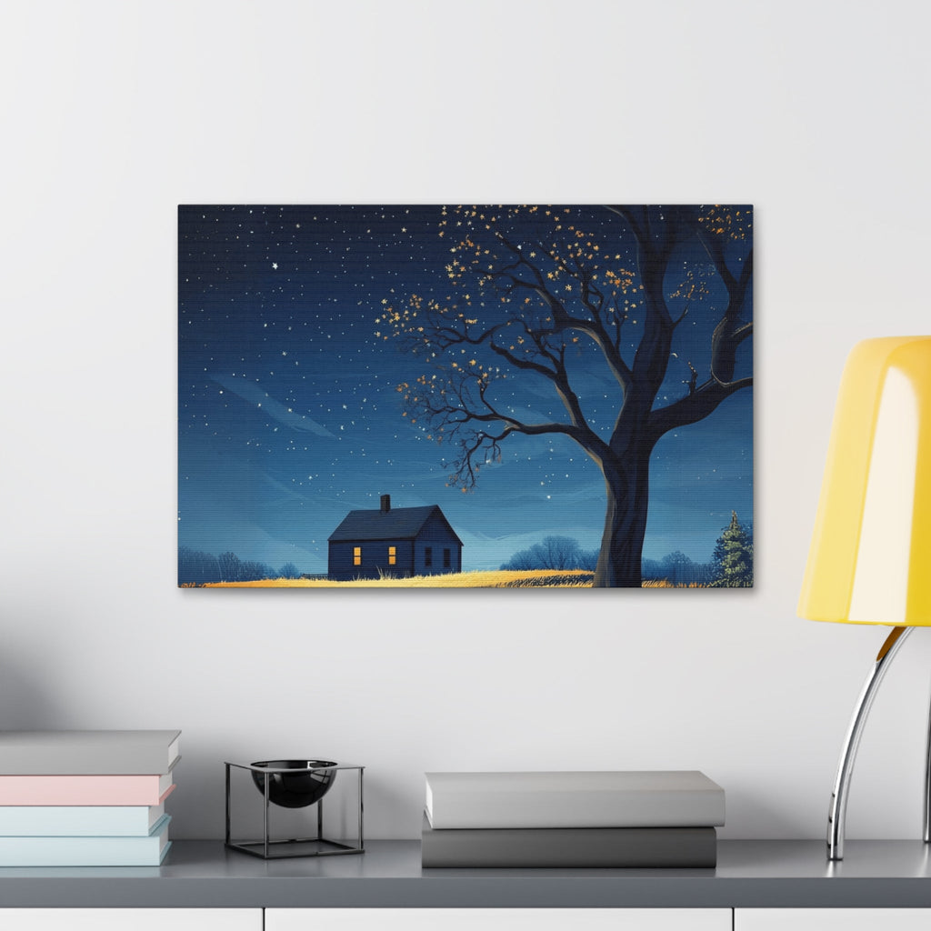 Starry Night Canvas Wall Art, Cozy Home Decor, Night Sky Illustration, Modern Wall Hanging, Bedroom or Living Room Art - Metamorphosis Creations