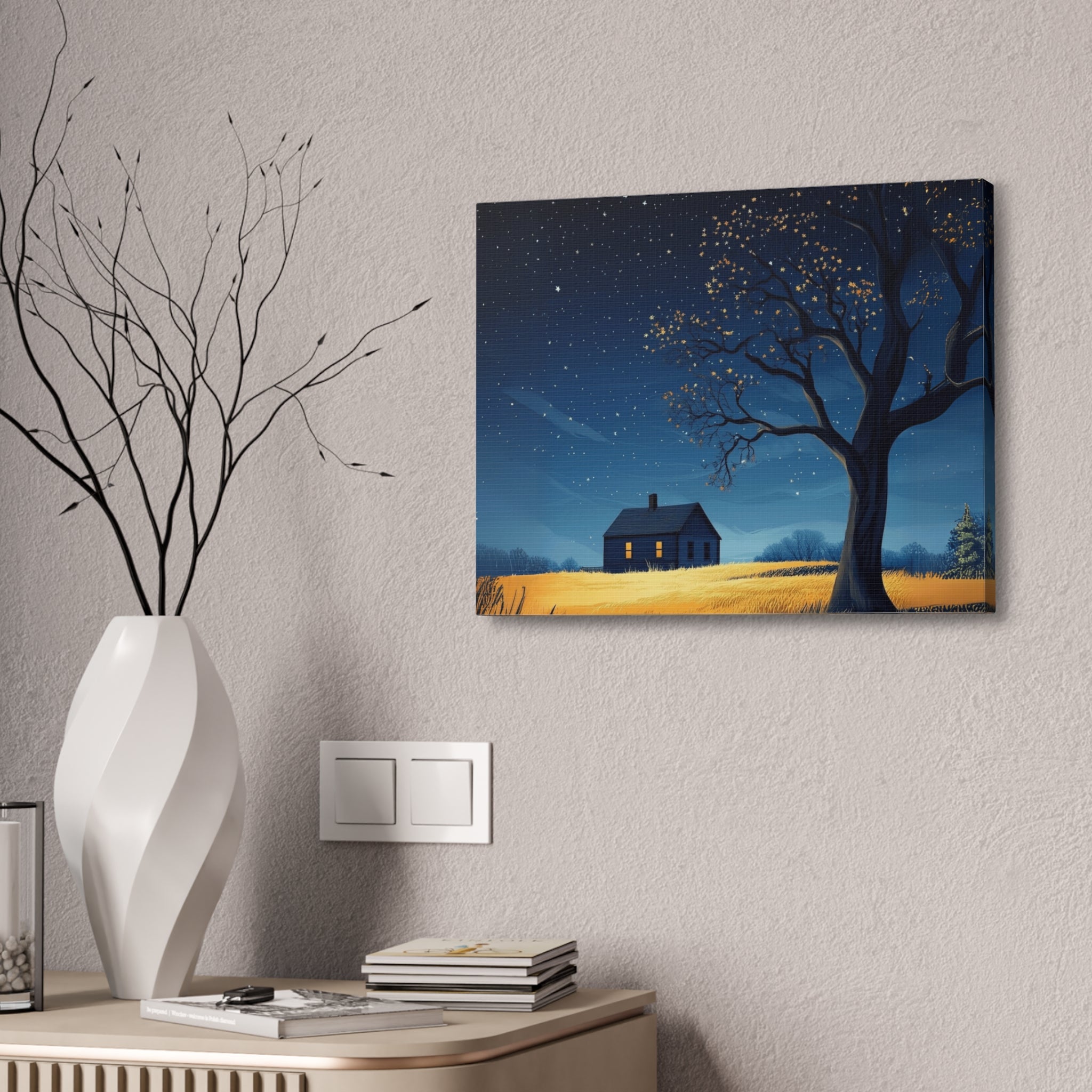Starry Night Canvas Wall Art, Cozy Home Decor, Night Sky Illustration, Modern Wall Hanging, Bedroom or Living Room Art - Metamorphosis Creations