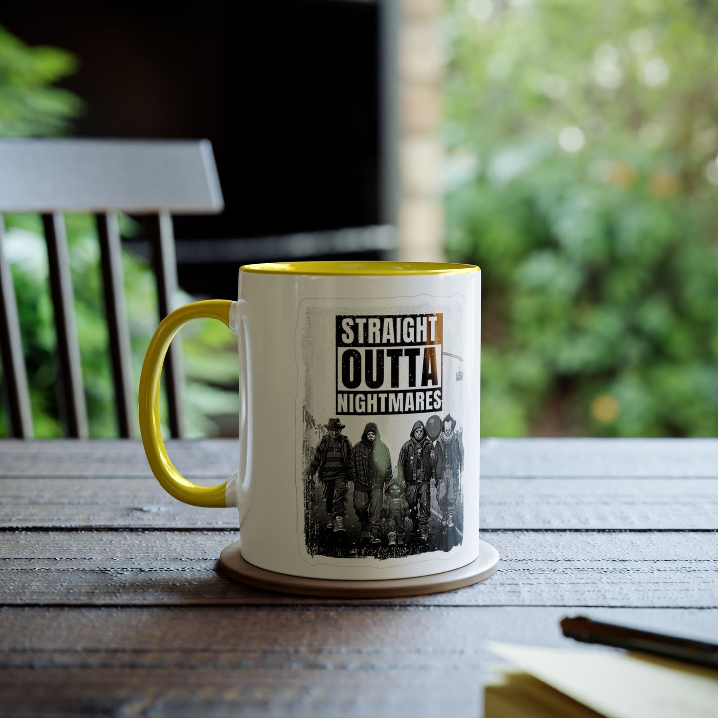 Straight Outta Nightmares Two - Tone Coffee Mug, Unique Gift for Halloween, Fun Office Decor, Red Handle Mug, Collectible Coffee Cup - Metamorphosis Creations