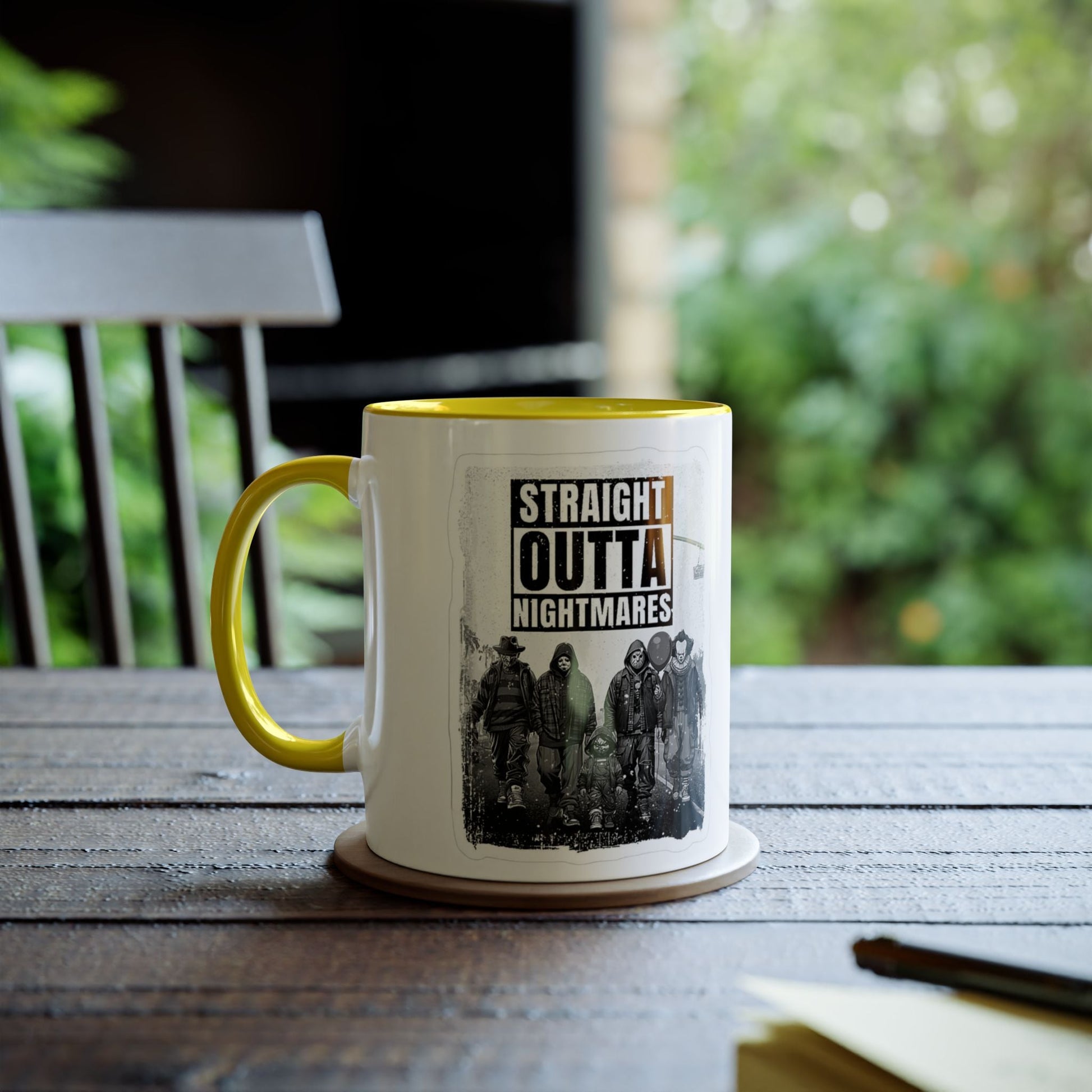 Straight Outta Nightmares Two - Tone Coffee Mug, Unique Gift for Halloween, Fun Office Decor, Red Handle Mug, Collectible Coffee Cup - Metamorphosis Creations