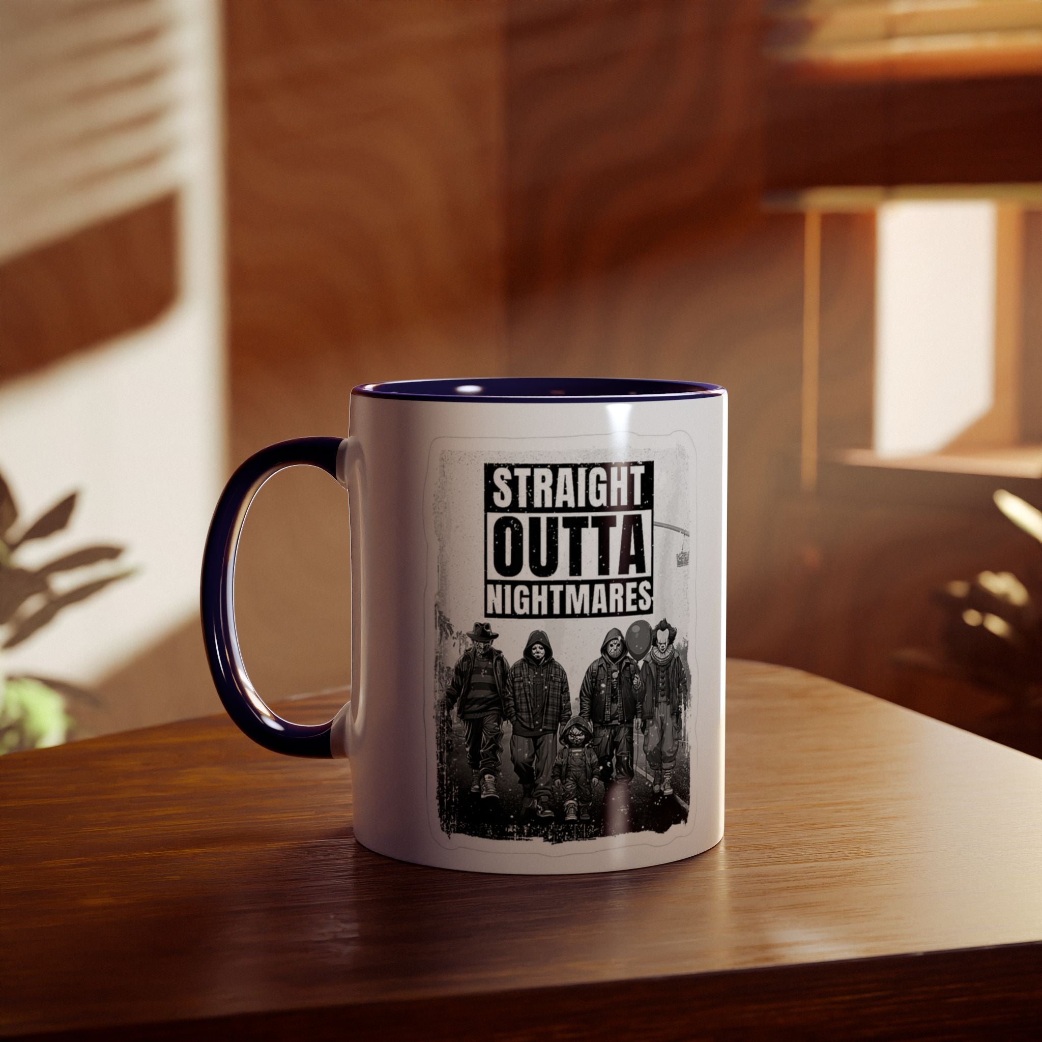 Straight Outta Nightmares Two - Tone Coffee Mug, Unique Gift for Halloween, Fun Office Decor, Red Handle Mug, Collectible Coffee Cup - Metamorphosis Creations