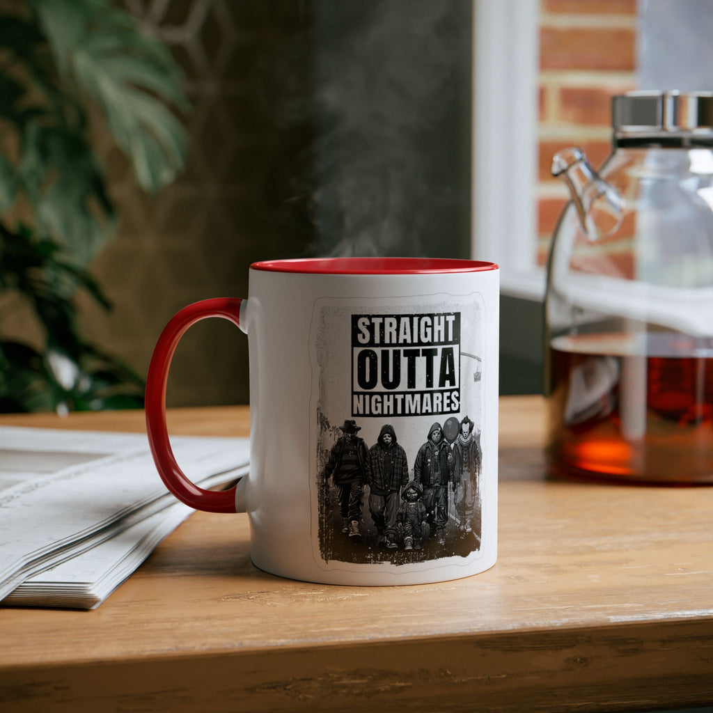 Straight Outta Nightmares Two - Tone Coffee Mug, Unique Gift for Halloween, Fun Office Decor, Red Handle Mug, Collectible Coffee Cup - Metamorphosis Creations