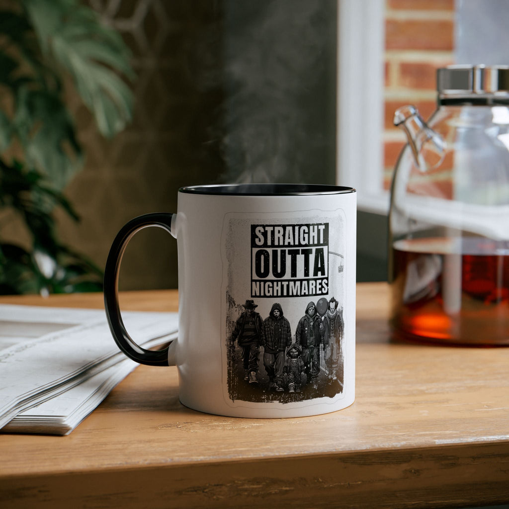 Straight Outta Nightmares Two - Tone Coffee Mug, Unique Gift for Halloween, Fun Office Decor, Red Handle Mug, Collectible Coffee Cup - Metamorphosis Creations