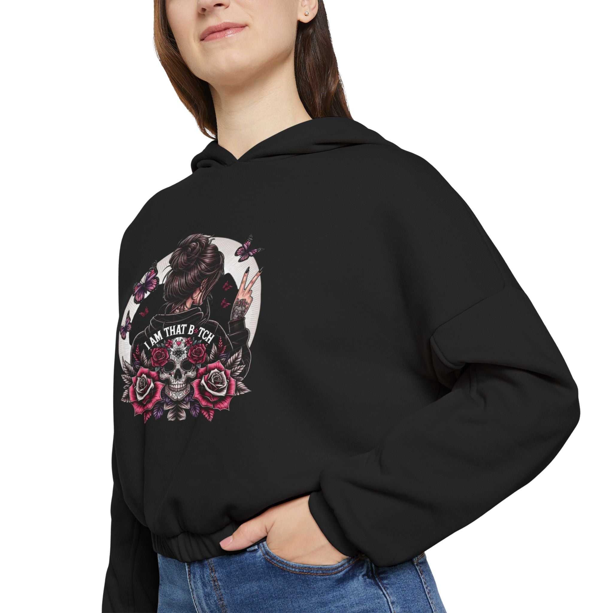 Too Cool to Be Cold” Funny SweaterStylish Women's Cinched Bottom Hoodie with Floral Design, Cozy Hoodie, Casual Fashion, Gift for Her, Everyday Wear - Metamorphosis Creations