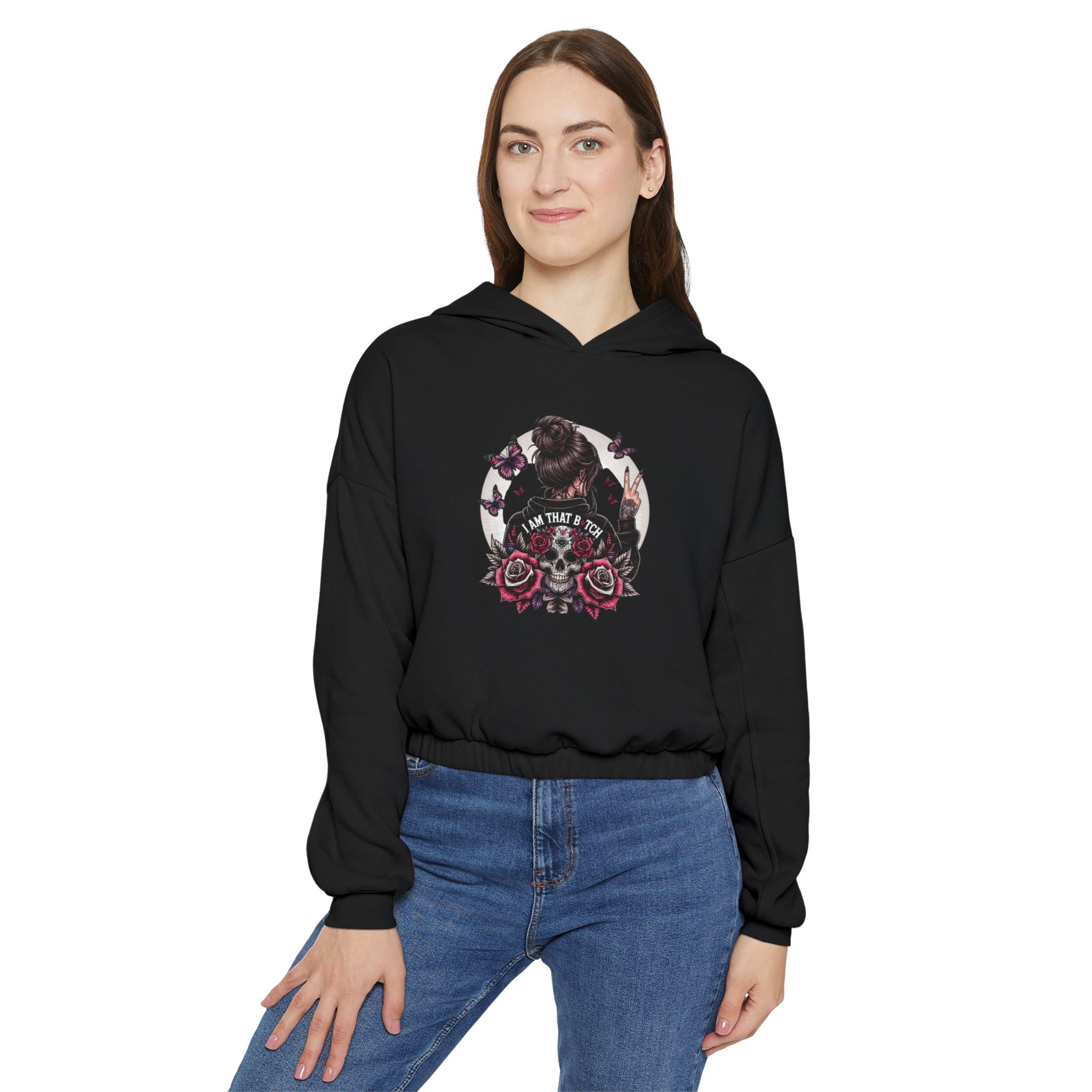 Too Cool to Be Cold” Funny SweaterStylish Women's Cinched Bottom Hoodie with Floral Design, Cozy Hoodie, Casual Fashion, Gift for Her, Everyday Wear - Metamorphosis Creations