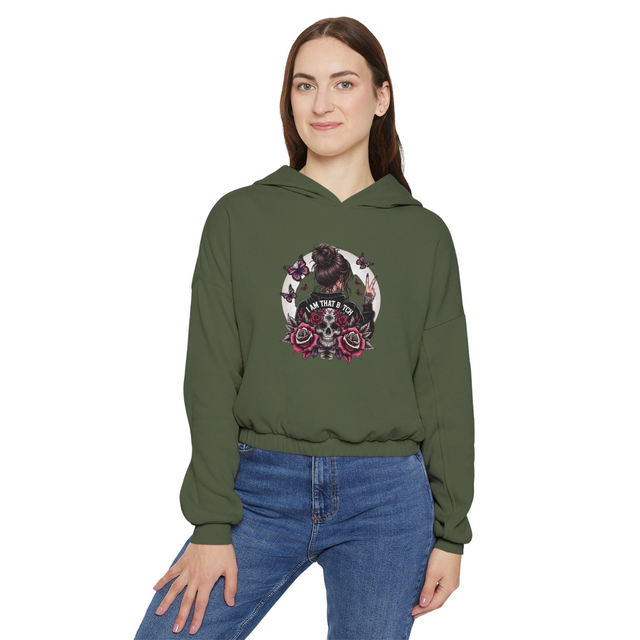 Too Cool to Be Cold” Funny SweaterStylish Women's Cinched Bottom Hoodie with Floral Design, Cozy Hoodie, Casual Fashion, Gift for Her, Everyday Wear - Metamorphosis Creations