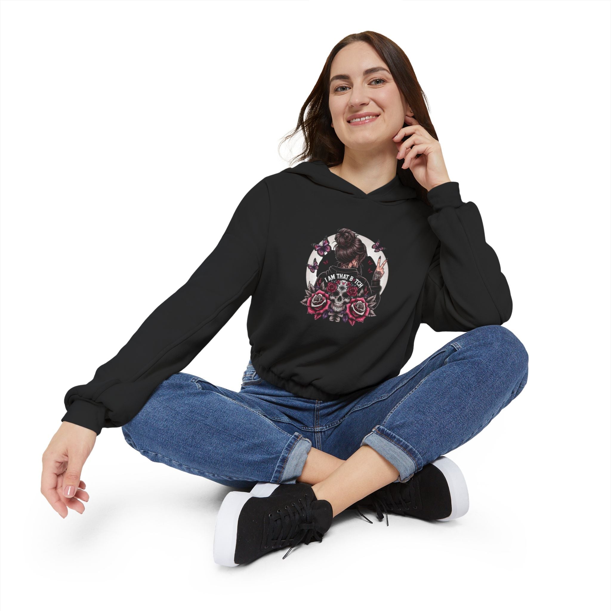 Too Cool to Be Cold” Funny SweaterStylish Women's Cinched Bottom Hoodie with Floral Design, Cozy Hoodie, Casual Fashion, Gift for Her, Everyday Wear - Metamorphosis Creations