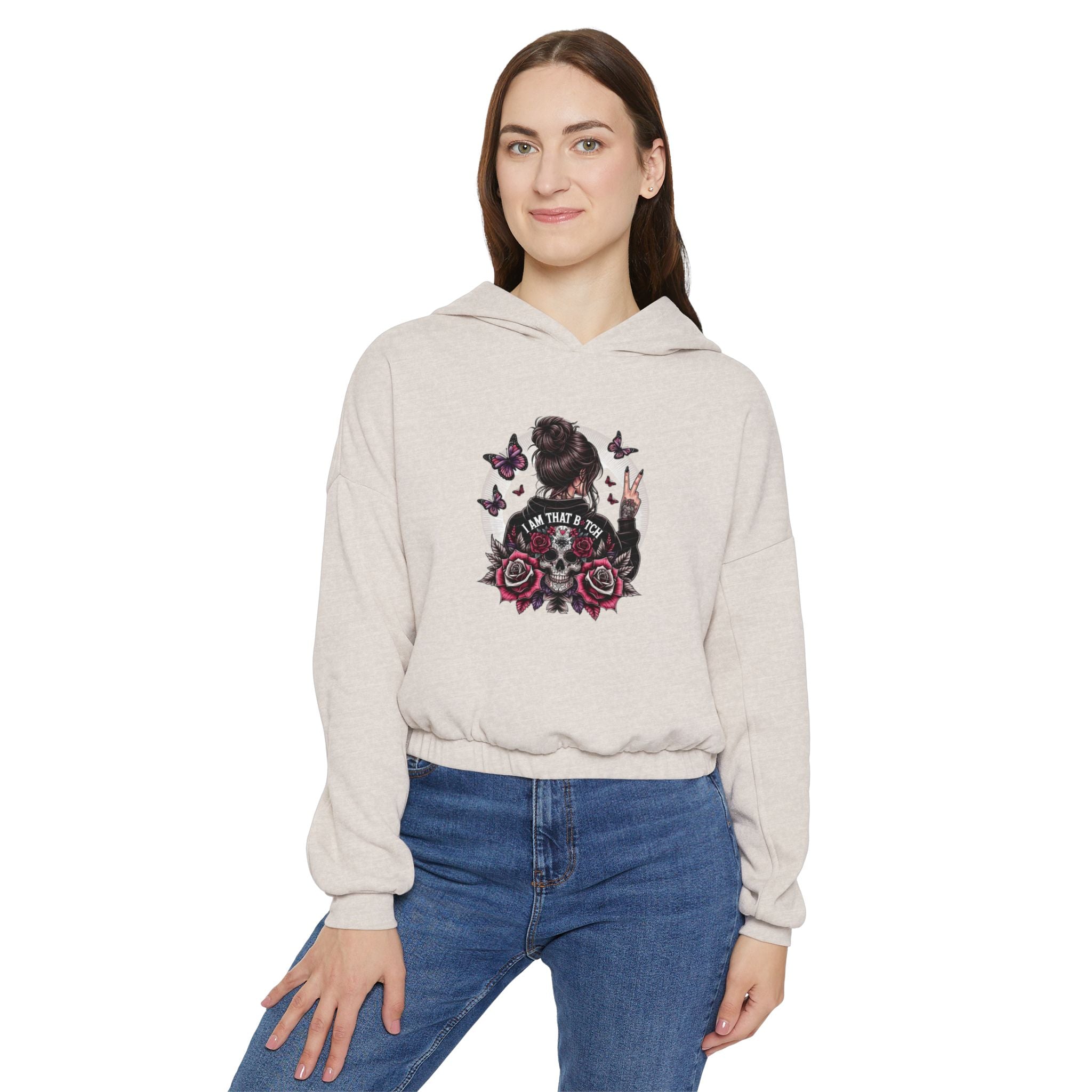 Too Cool to Be Cold” Funny SweaterStylish Women's Cinched Bottom Hoodie with Floral Design, Cozy Hoodie, Casual Fashion, Gift for Her, Everyday Wear - Metamorphosis Creations