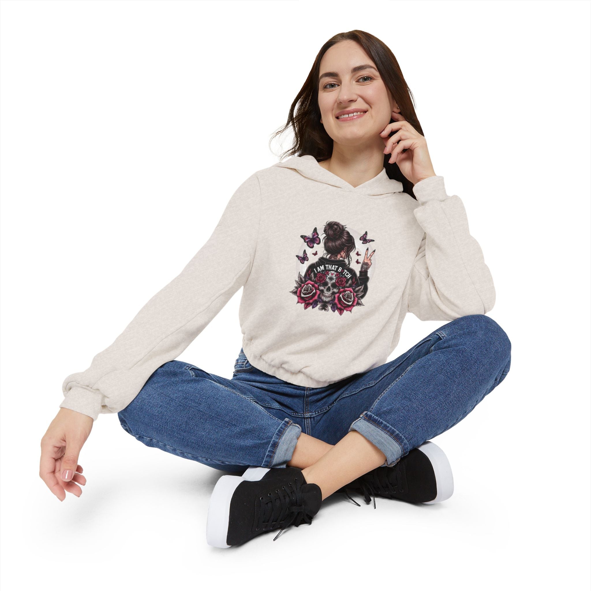 Too Cool to Be Cold” Funny SweaterStylish Women's Cinched Bottom Hoodie with Floral Design, Cozy Hoodie, Casual Fashion, Gift for Her, Everyday Wear - Metamorphosis Creations