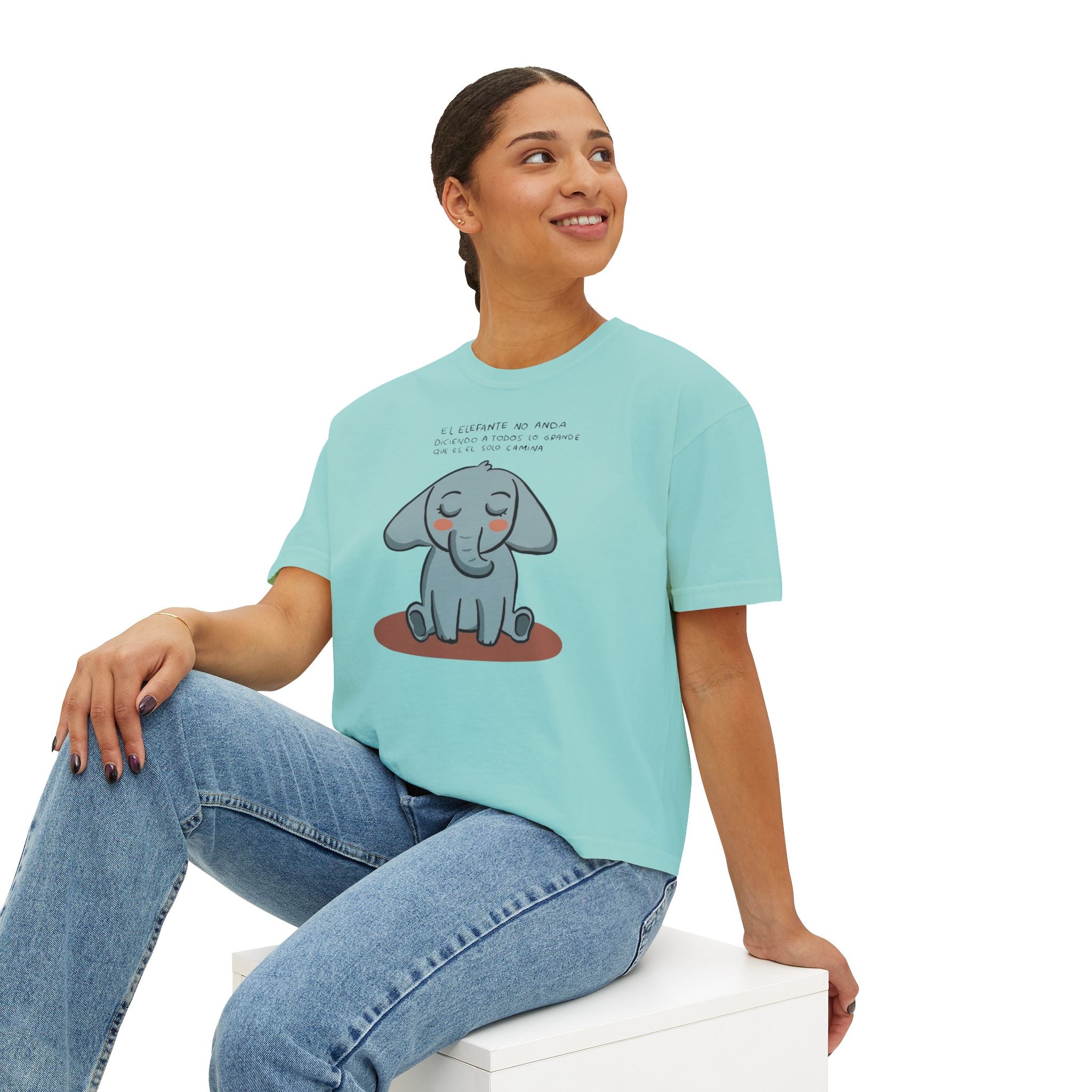 🌸 🧘‍♀️ Viste tu paz – Que tu energía hable primero Cute Elephant Women's Boxy Tee, Relaxed Fit Shirt, Gift for Animal Lovers, Casual Wear, - Metamorphosis Creations