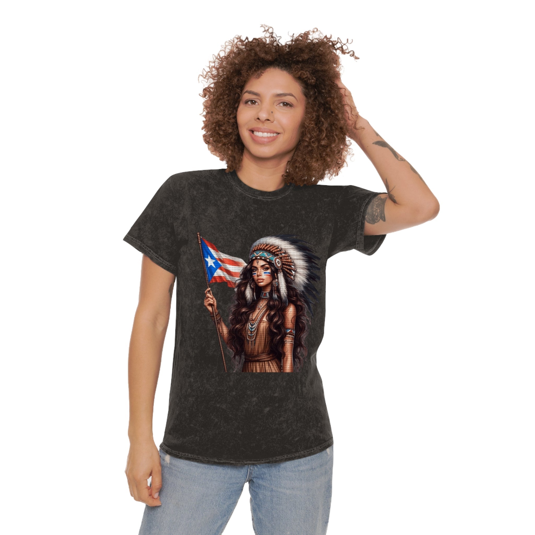 Viva Puerto Rico Cultural Heritage Mineral Wash T-Shirt, Boho Graphic Top, Tribal Art Clothing - Metamorphosis Creations