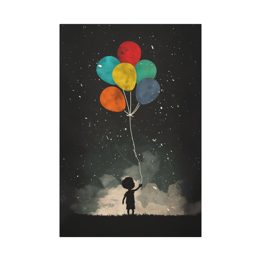 Whimsical Child with Balloons Canvas Art – Nursery Wall Decor, Baby Shower Gift, Inspirational Kids Room Print - Metamorphosis Creations