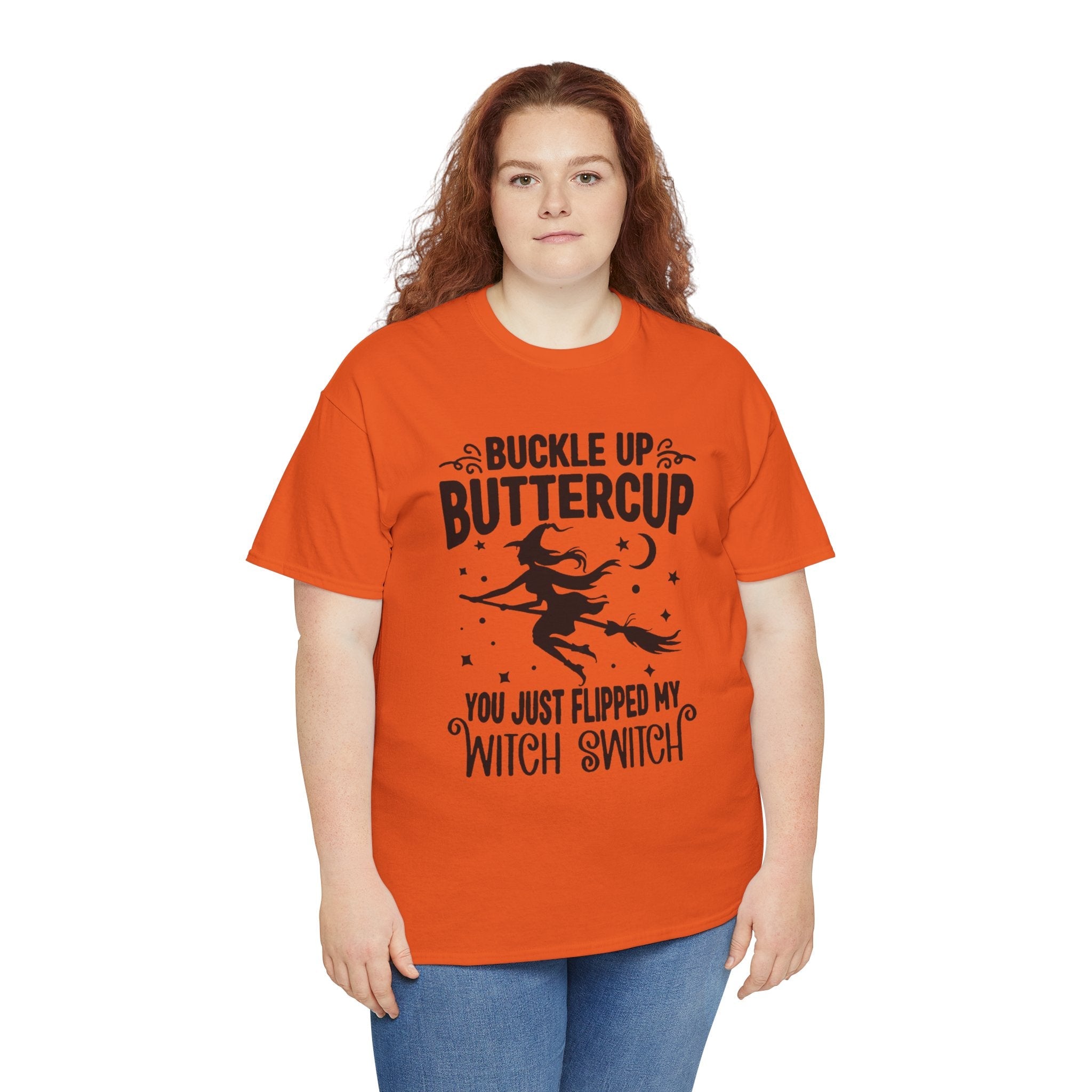 Witchy Humor Tee - Buckle Up Buttercup, Unisex Heavy Cotton Tee, Halloween Shirt, Casual Wear, Gift for Her, Funny T-Shirt - Metamorphosis Creations