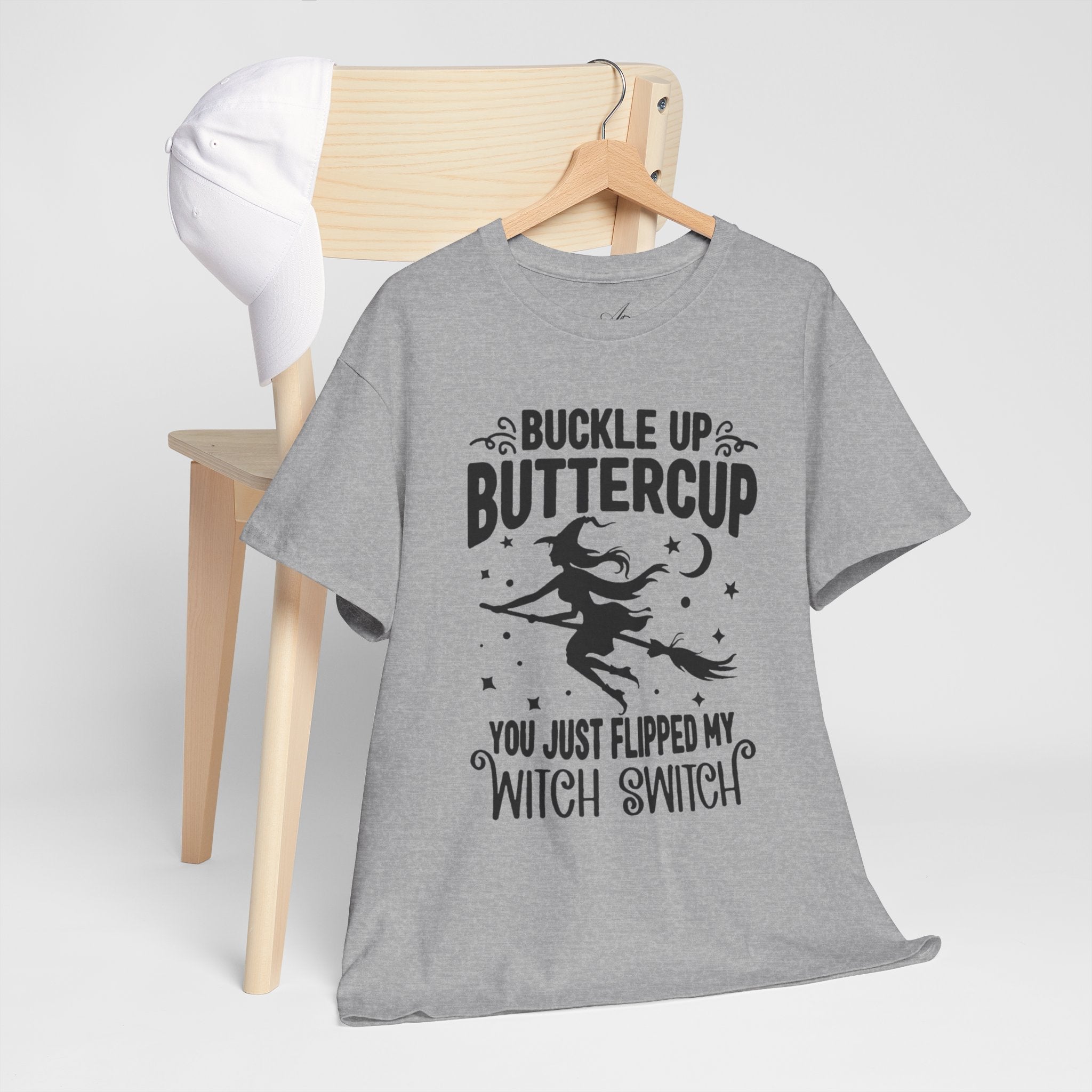 Witchy Humor Tee - Buckle Up Buttercup, Unisex Heavy Cotton Tee, Halloween Shirt, Casual Wear, Gift for Her, Funny T-Shirt - Metamorphosis Creations