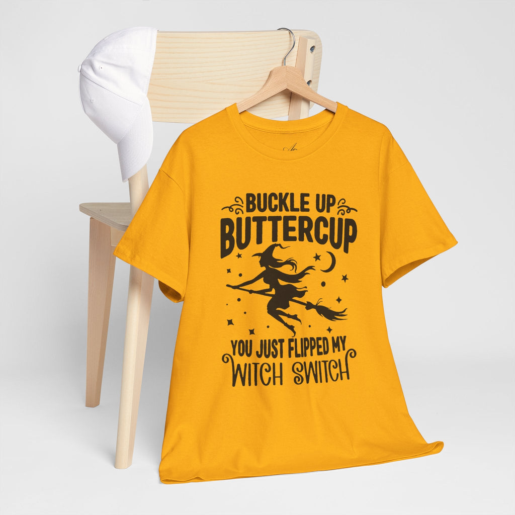 Witchy Humor Tee - Buckle Up Buttercup, Unisex Heavy Cotton Tee, Halloween Shirt, Casual Wear, Gift for Her, Funny T-Shirt - Metamorphosis Creations
