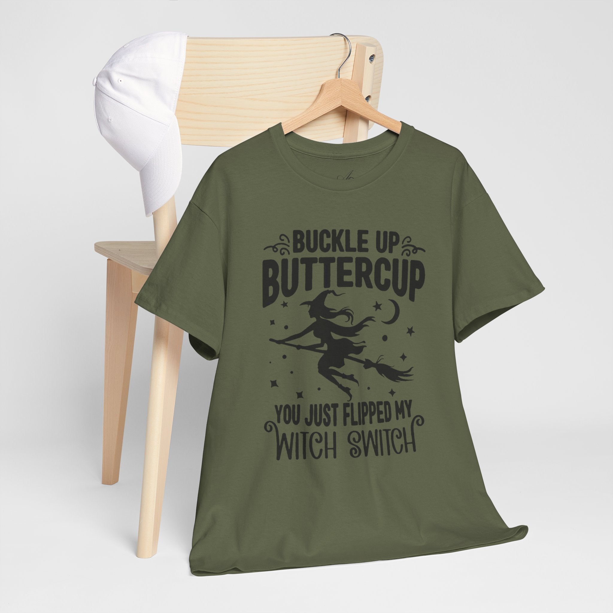 Witchy Humor Tee - Buckle Up Buttercup, Unisex Heavy Cotton Tee, Halloween Shirt, Casual Wear, Gift for Her, Funny T-Shirt - Metamorphosis Creations
