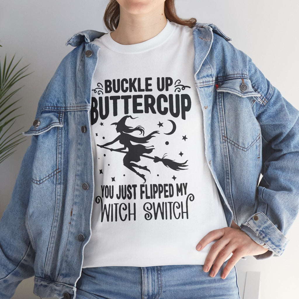 Witchy Humor Tee - Buckle Up Buttercup, Unisex Heavy Cotton Tee, Halloween Shirt, Casual Wear, Gift for Her, Funny T-Shirt - Metamorphosis Creations